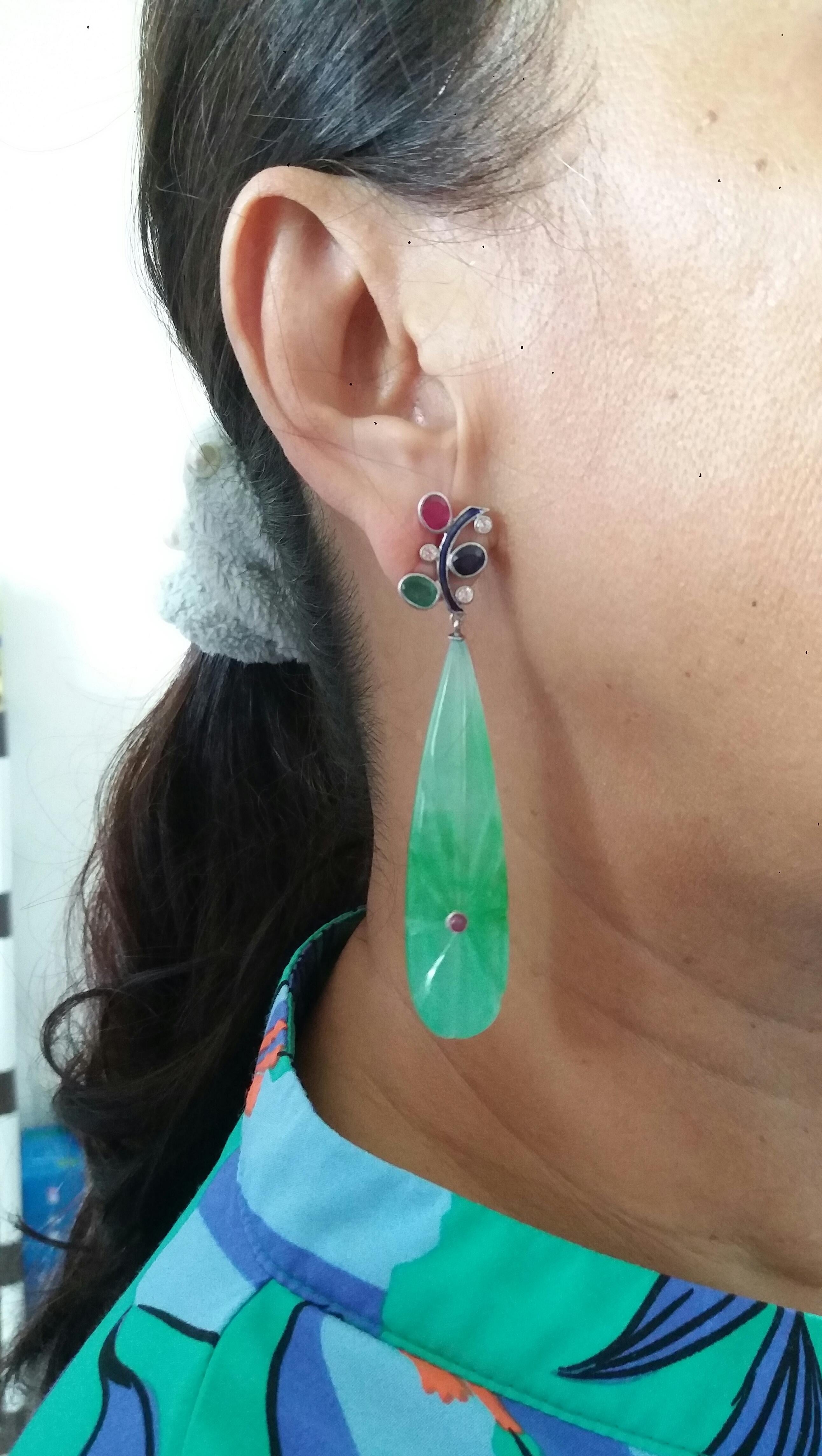 Tutti Frutti  Ruby Sapphire Emerald Gold Diamonds Enamel Jade Dangle Earrings For Sale 6