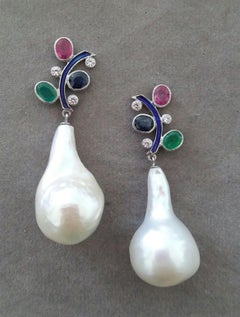 Tutti Frutti Style Ruby Sapphire Emerald Gold Diamonds Enamel Pearls Earrings