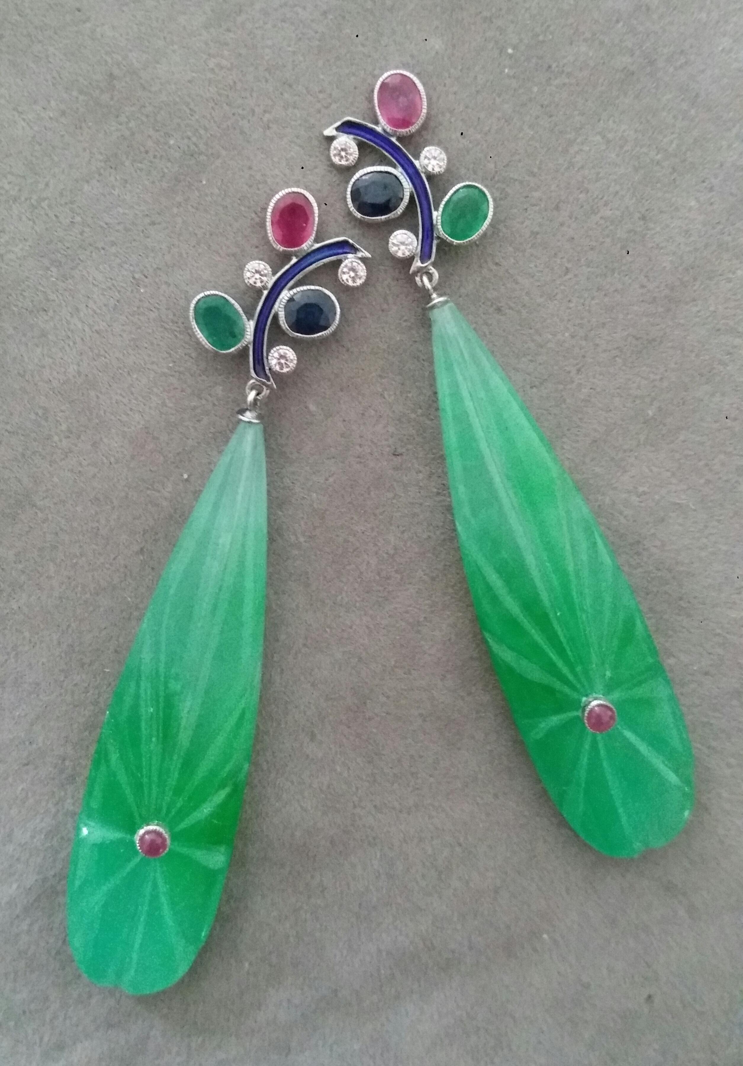 Art Deco Tutti Frutti  Ruby Sapphire Emerald Gold Diamonds Enamel Jade Dangle Earrings For Sale