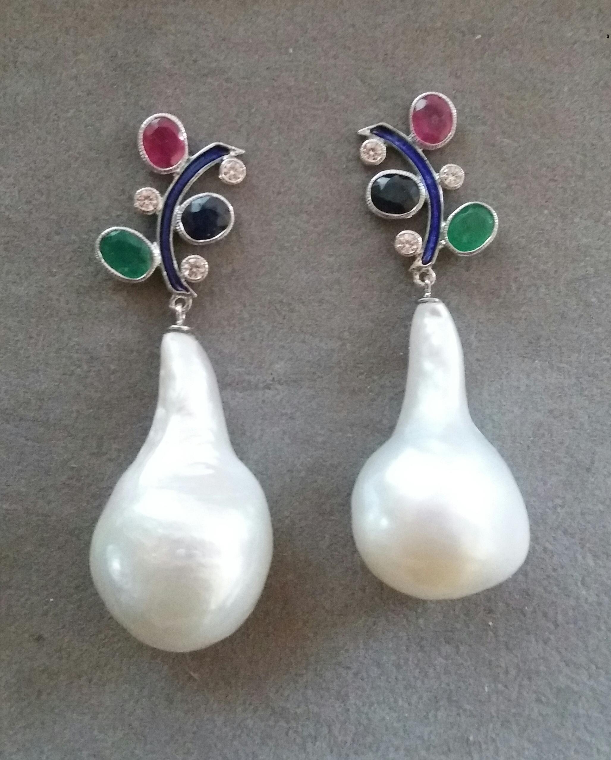 Tutti Frutti Style Ruby Sapphire Emerald Gold Diamonds Enamel Pearls Earrings In Good Condition For Sale In Bangkok, TH