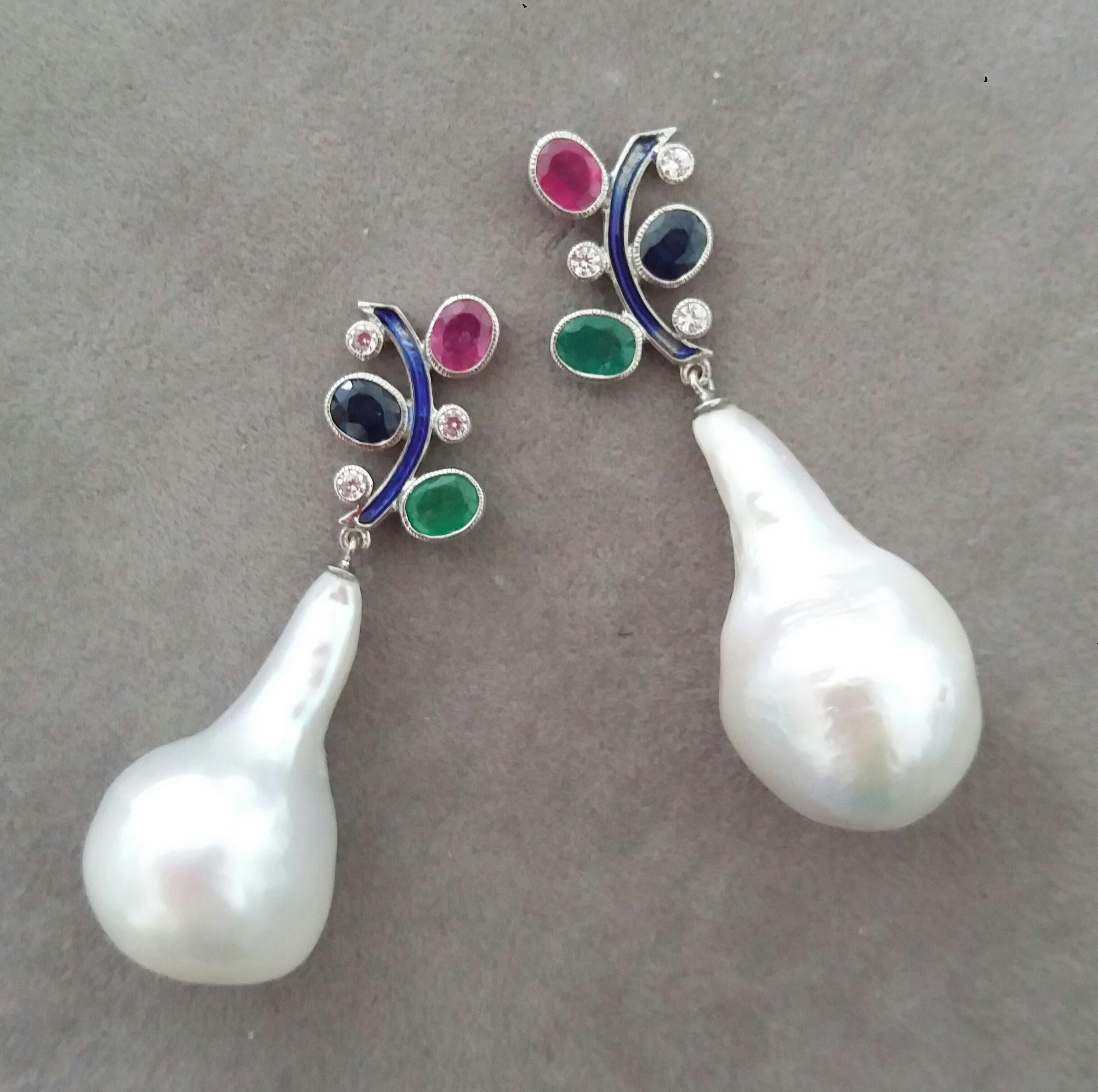 Women's Tutti Frutti Style Ruby Sapphire Emerald Gold Diamonds Enamel Pearls Earrings For Sale