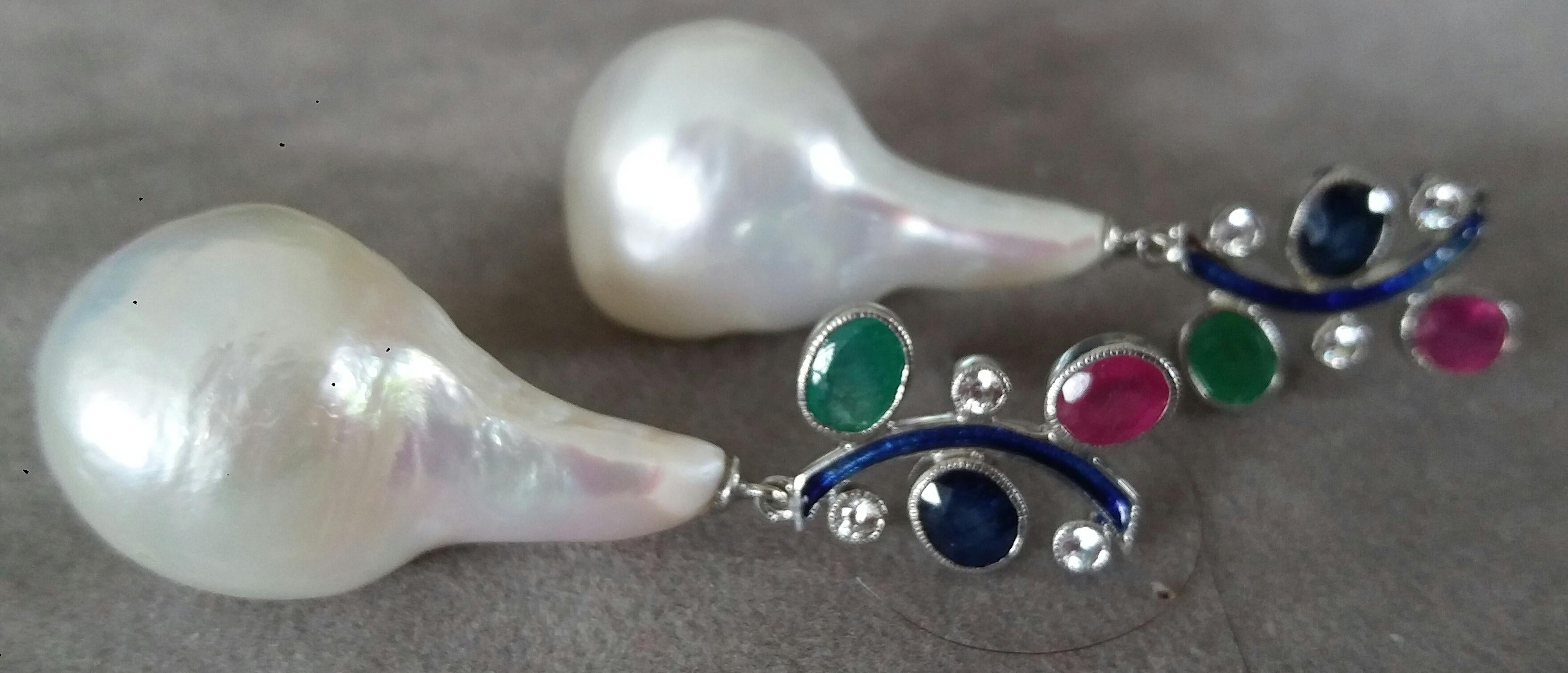 Tutti Frutti Style Ruby Sapphire Emerald Gold Diamonds Enamel Pearls Earrings For Sale 1