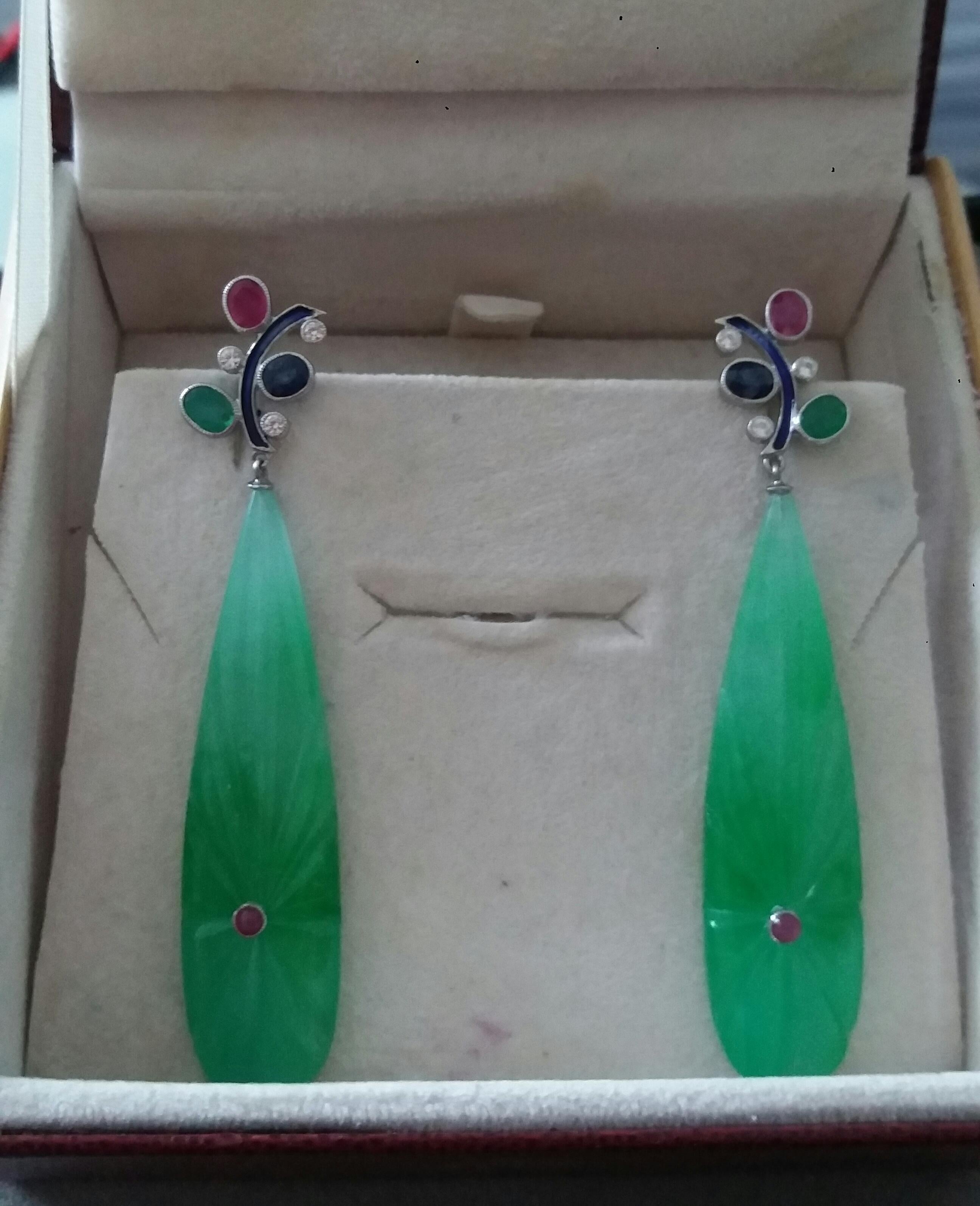 Tutti Frutti  Ruby Sapphire Emerald Gold Diamonds Enamel Jade Dangle Earrings For Sale 1