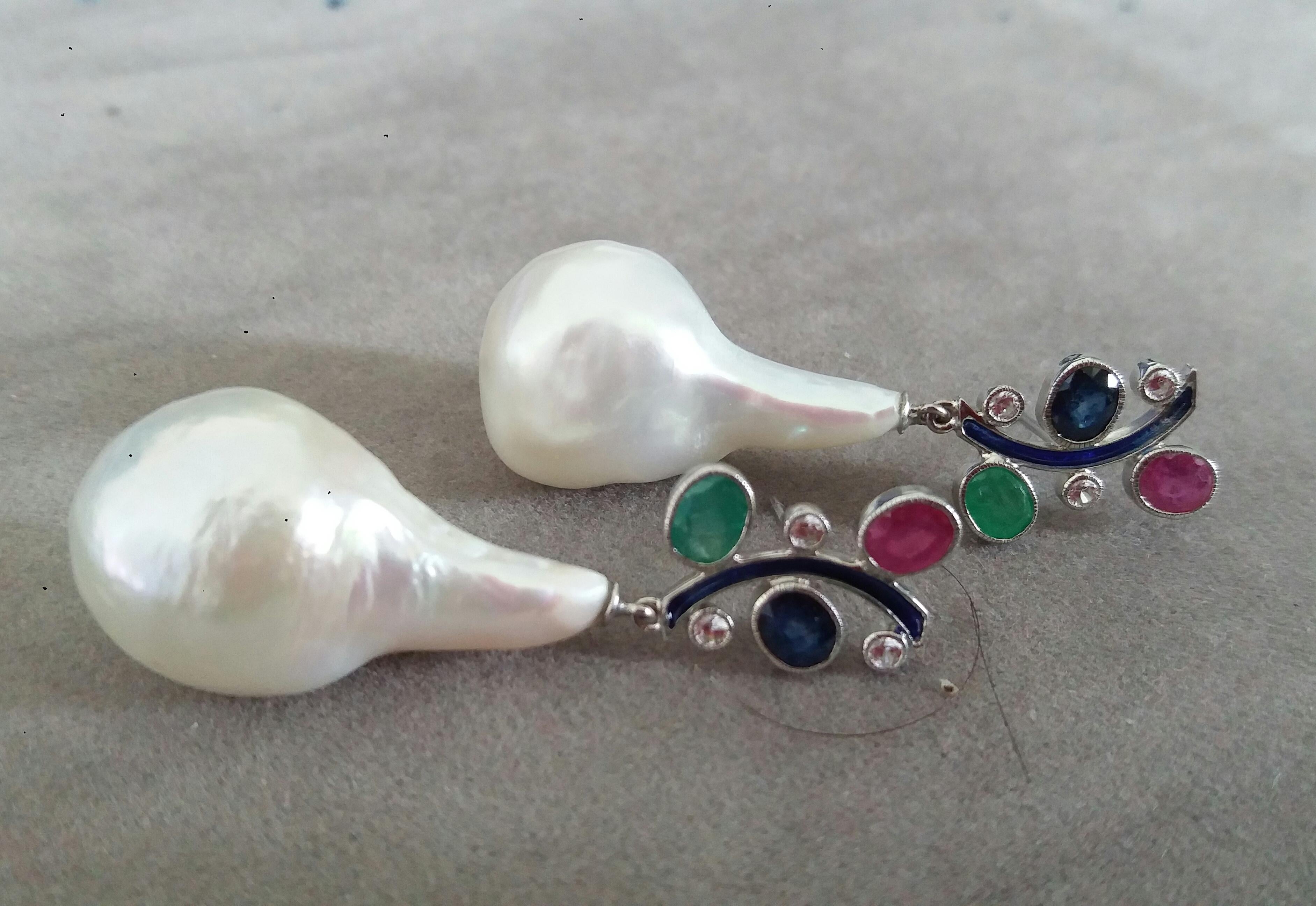 Tutti Frutti Style Ruby Sapphire Emerald Gold Diamonds Enamel Pearls Earrings For Sale 2
