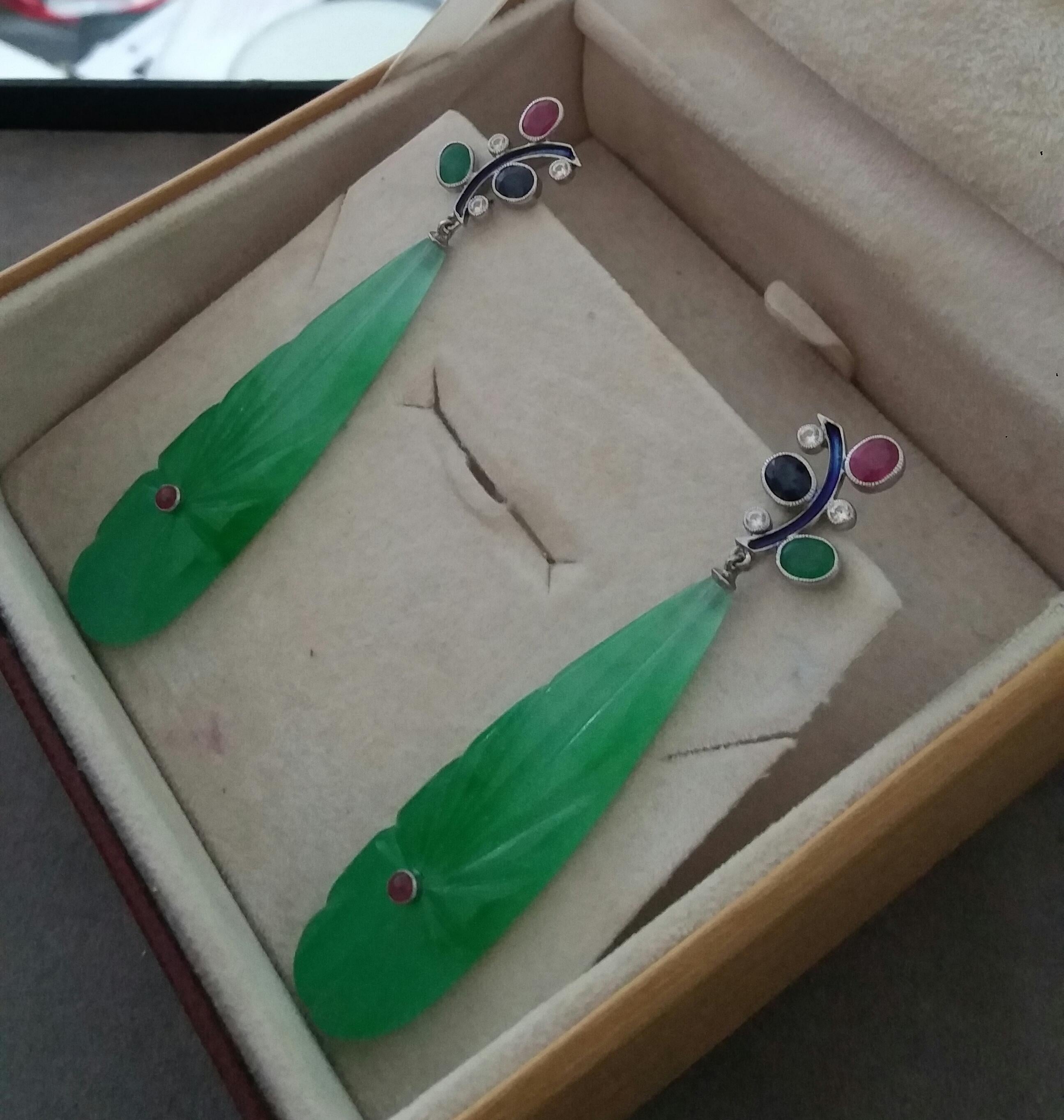 Tutti Frutti  Ruby Sapphire Emerald Gold Diamonds Enamel Jade Dangle Earrings For Sale 2