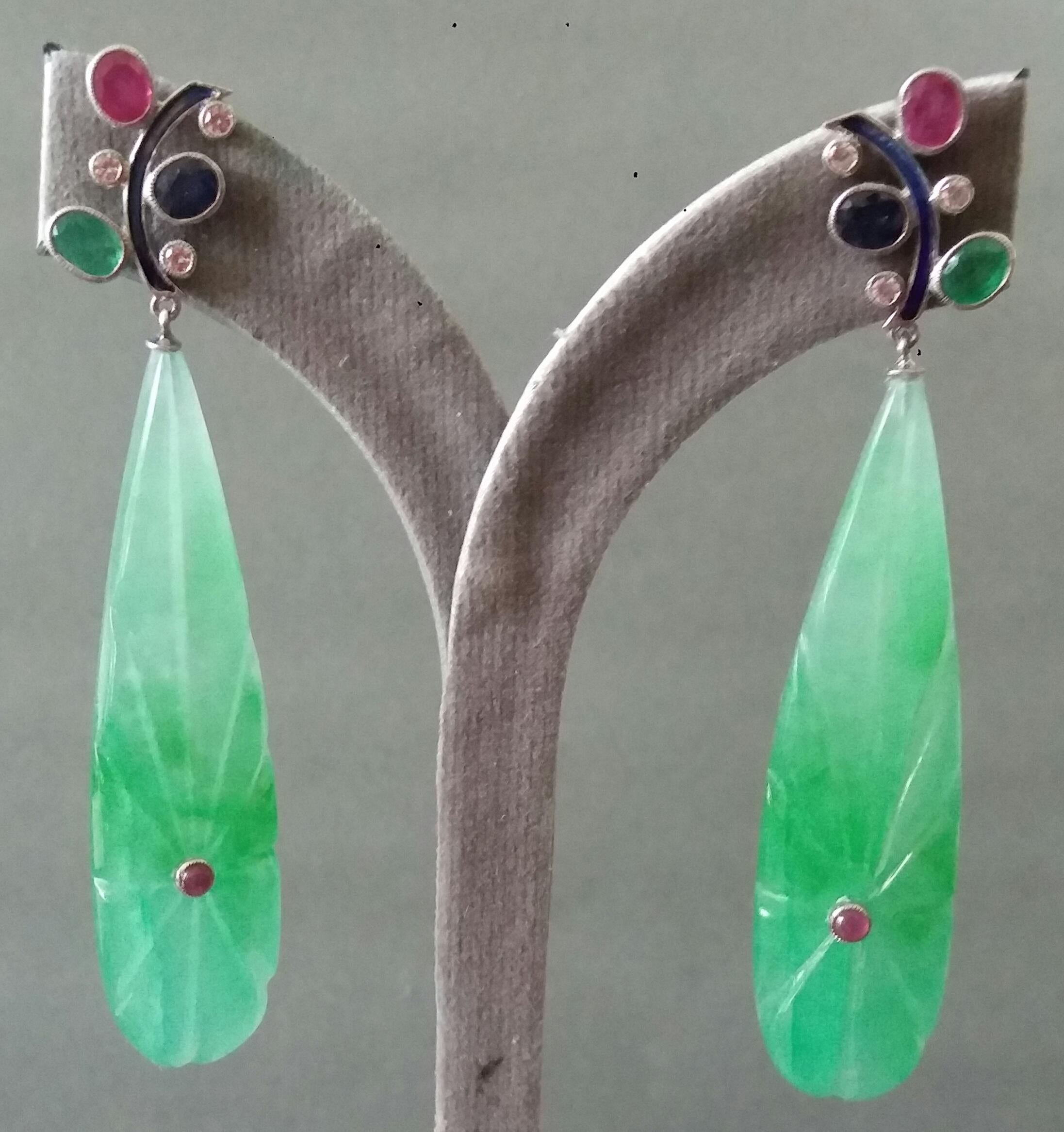 Tutti Frutti  Ruby Sapphire Emerald Gold Diamonds Enamel Jade Dangle Earrings For Sale 3