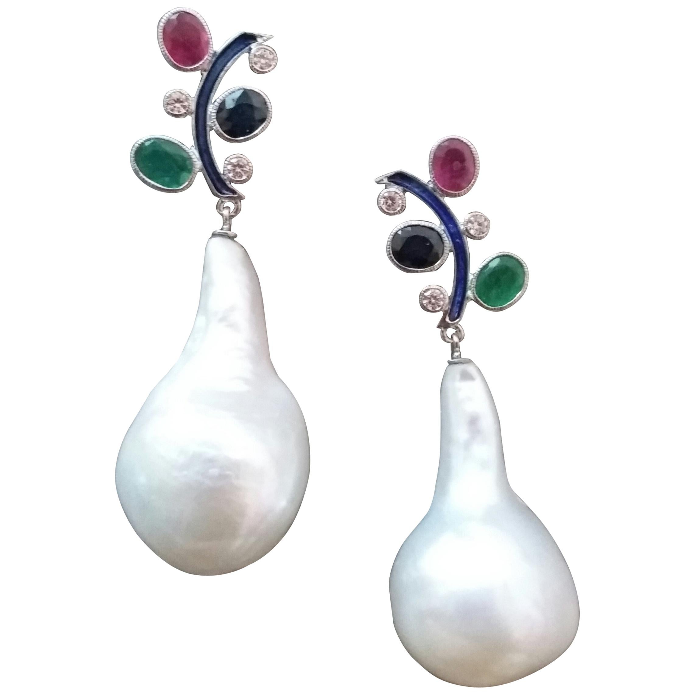 Tutti Frutti Style Ruby Sapphire Emerald Gold Diamonds Enamel Pearls Earrings For Sale