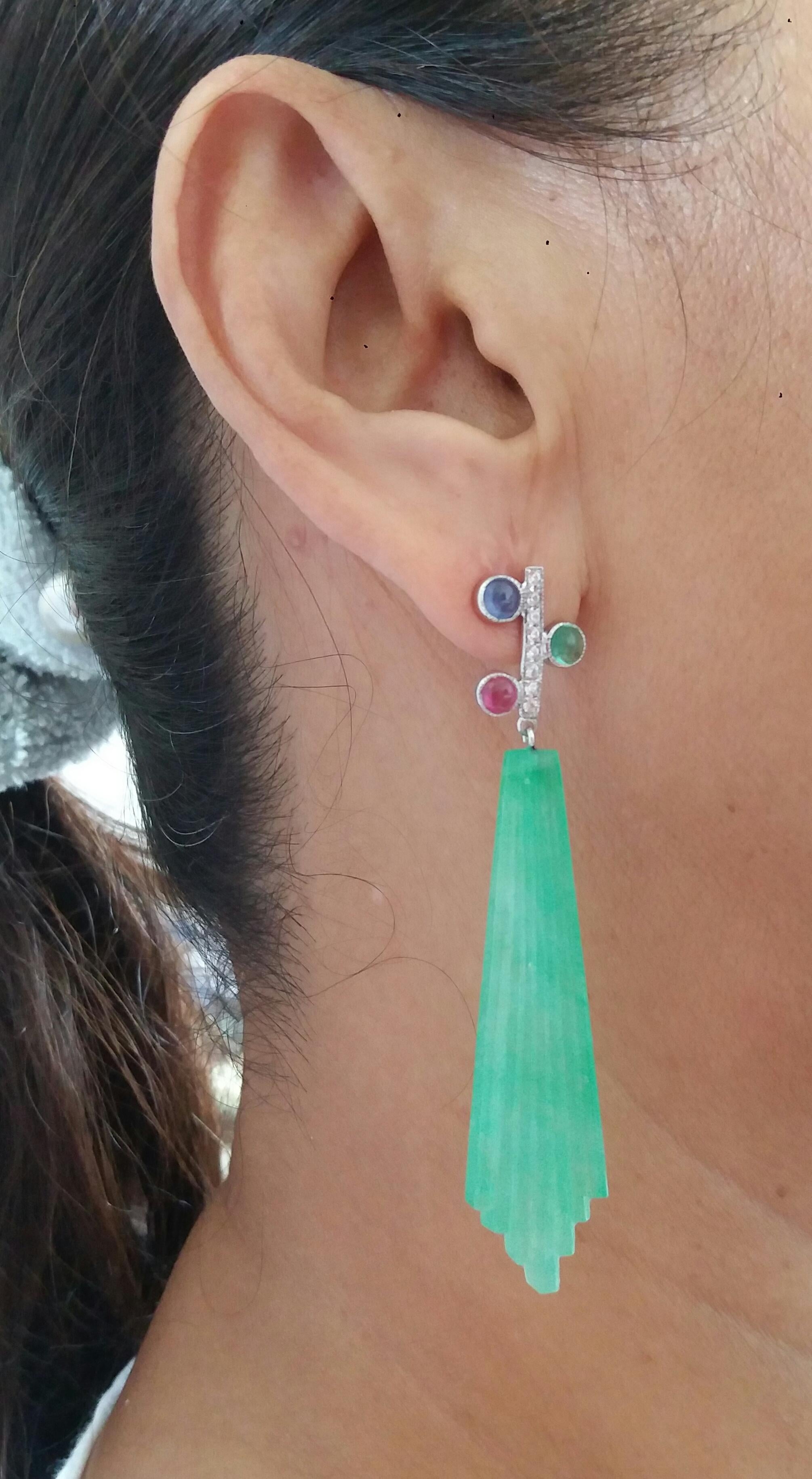 Tutti Frutti Style Ruby Sapphire Emerald Gold Diamonds Jade Dangle Earrings For Sale 6