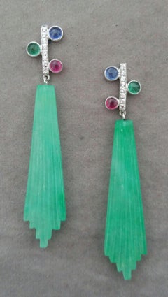 Tutti Frutti Style Ruby Sapphire Emerald Gold Diamonds Jade Dangle Earrings