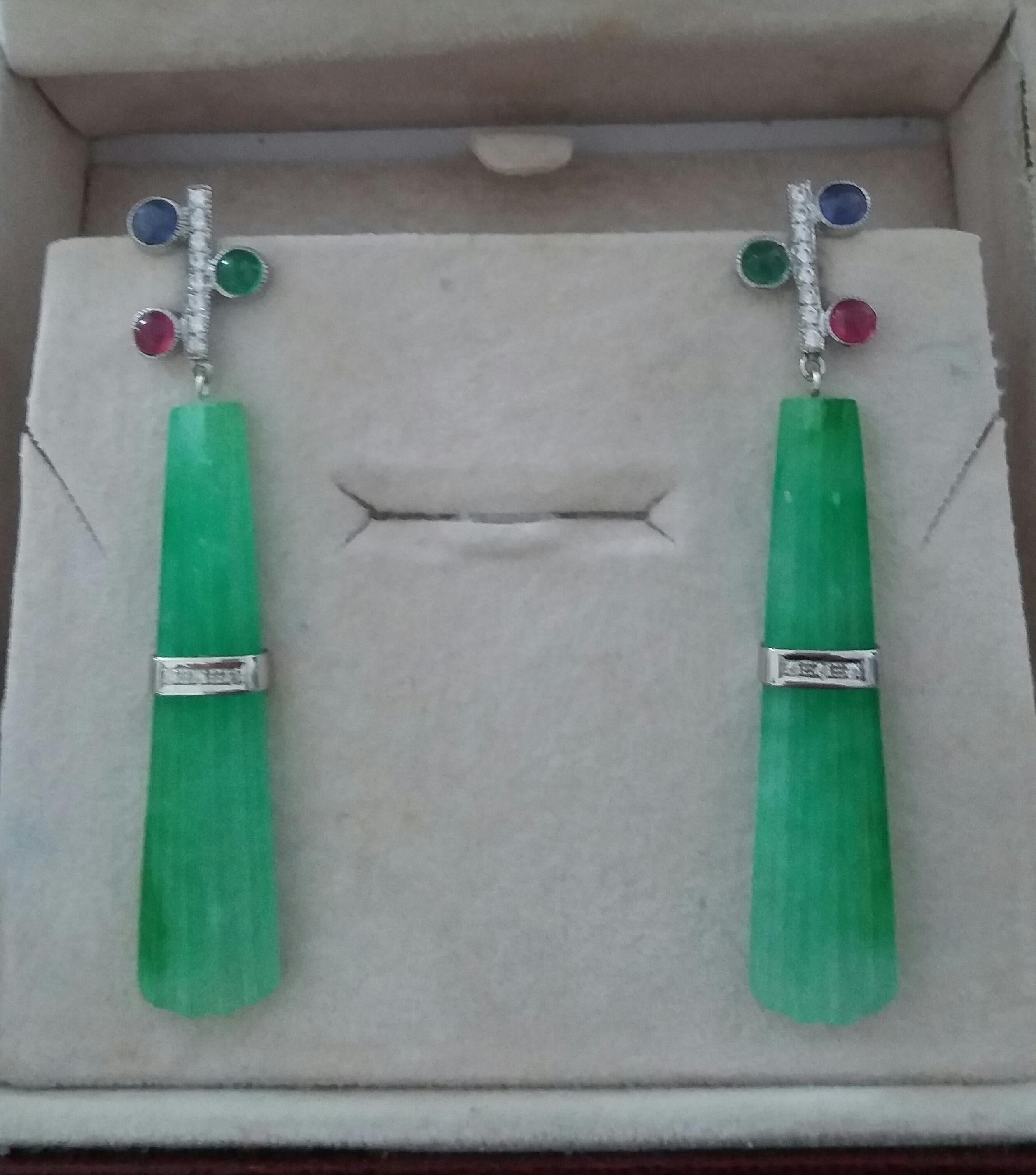 Tutti Frutti Style Ruby Sapphire Emerald Gold Diamonds Jade Dangle Earrings In Good Condition For Sale In Bangkok, TH