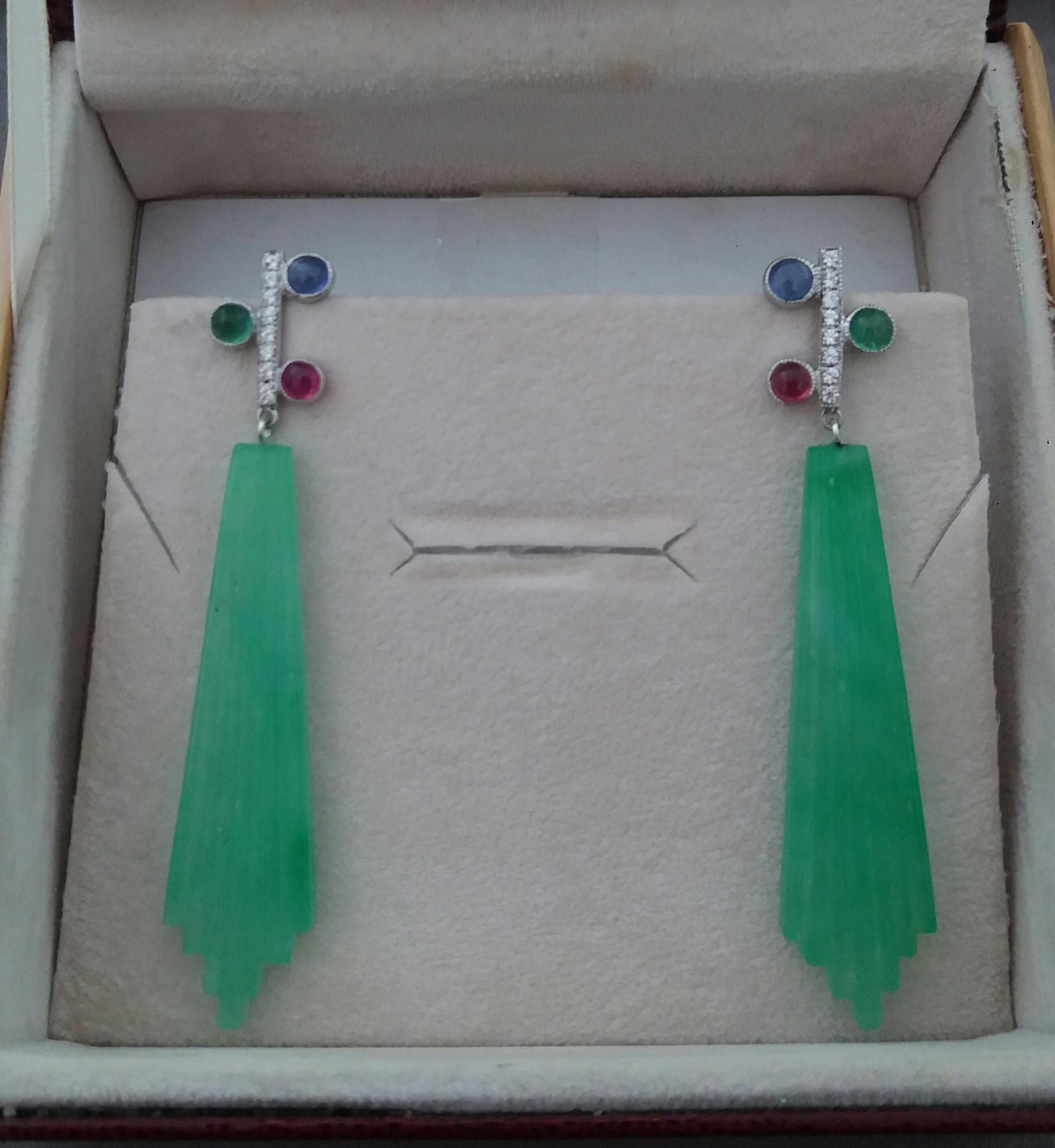Women's Tutti Frutti Style Ruby Sapphire Emerald Gold Diamonds Jade Dangle Earrings For Sale