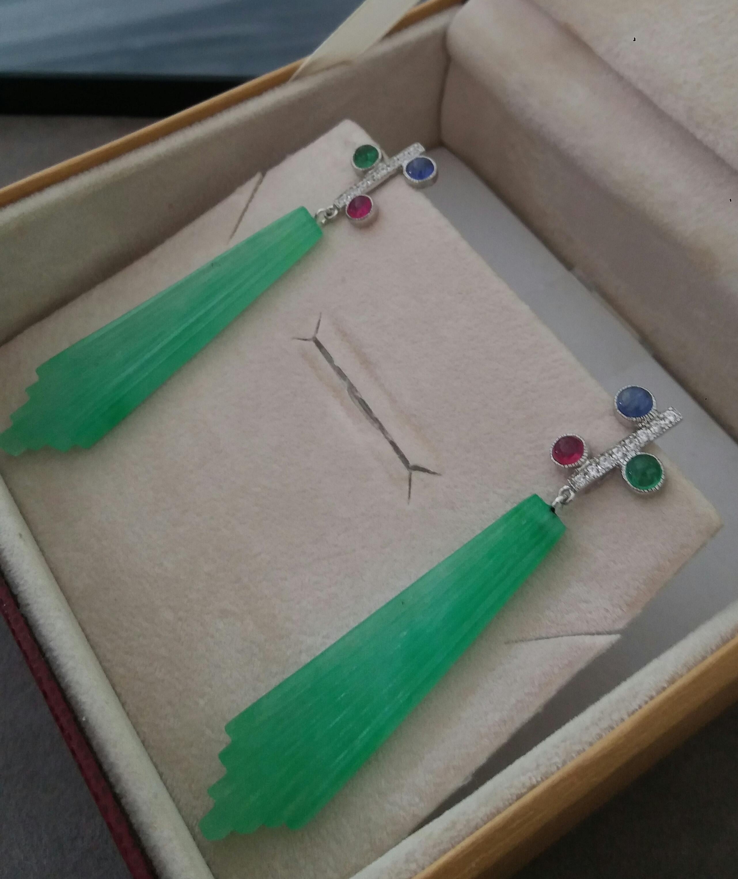 Tutti Frutti Style Ruby Sapphire Emerald Gold Diamonds Jade Dangle Earrings For Sale 1