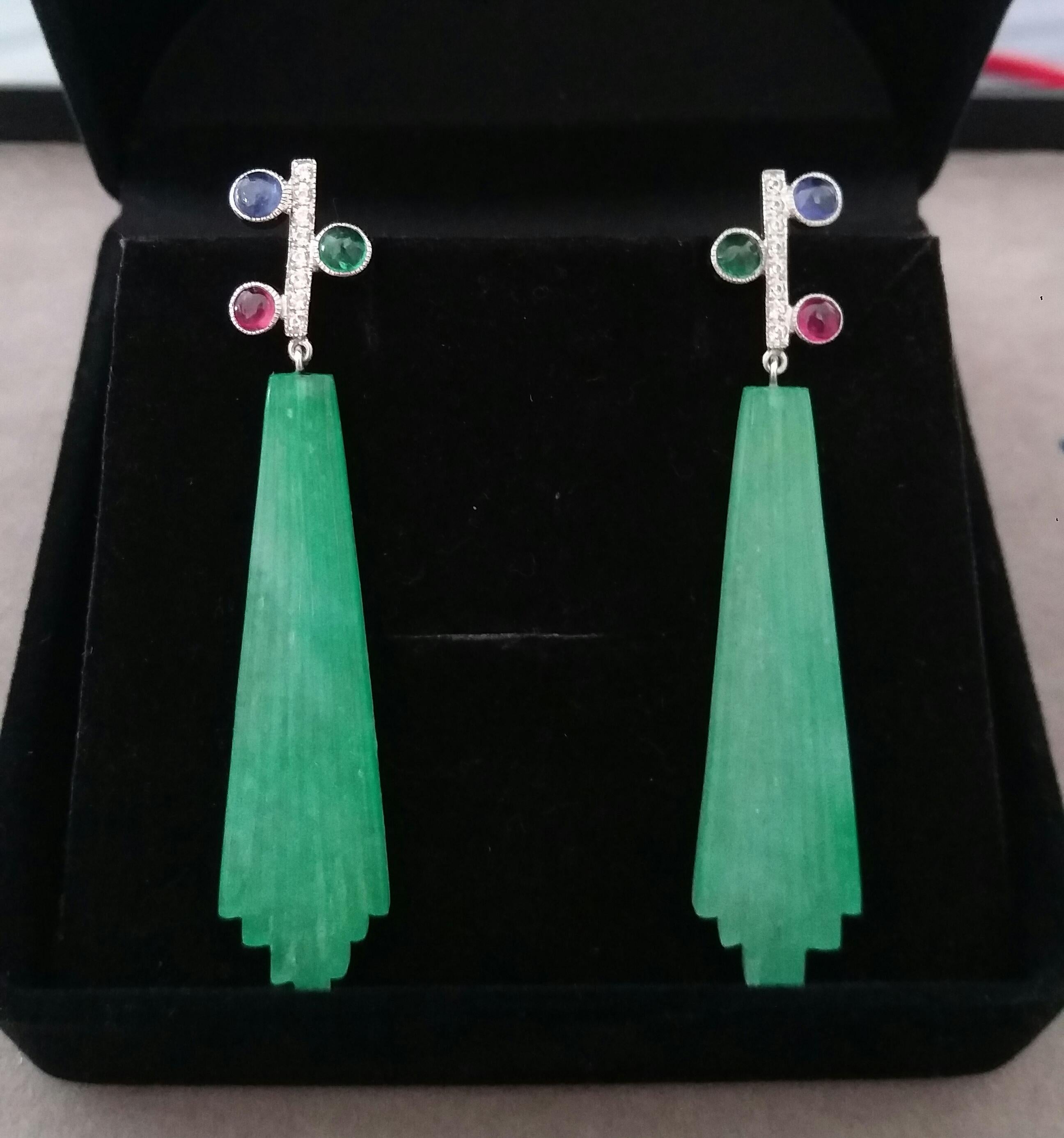 Tutti Frutti Style Ruby Sapphire Emerald Gold Diamonds Jade Dangle Earrings For Sale 2