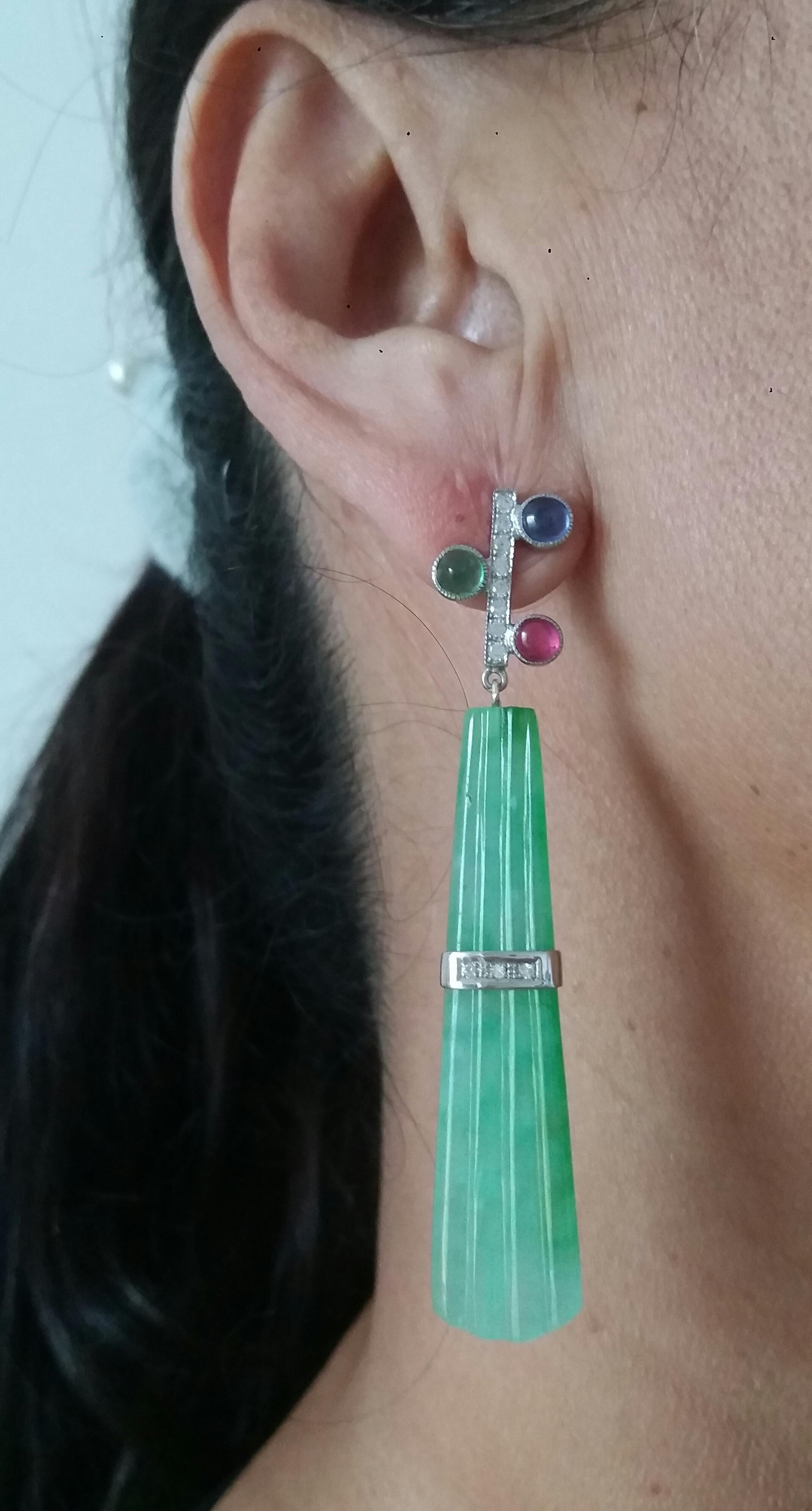 Tutti Frutti Style Ruby Sapphire Emerald Gold Diamonds Jade Dangle Earrings For Sale 3