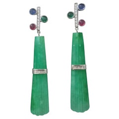 Pendants d'oreilles Tutti Frutti style rubis, saphir, émeraude, or, diamants et jade