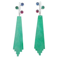 Tutti Frutti Style Ruby Sapphire Emerald Gold Diamonds Jade Dangle Earrings