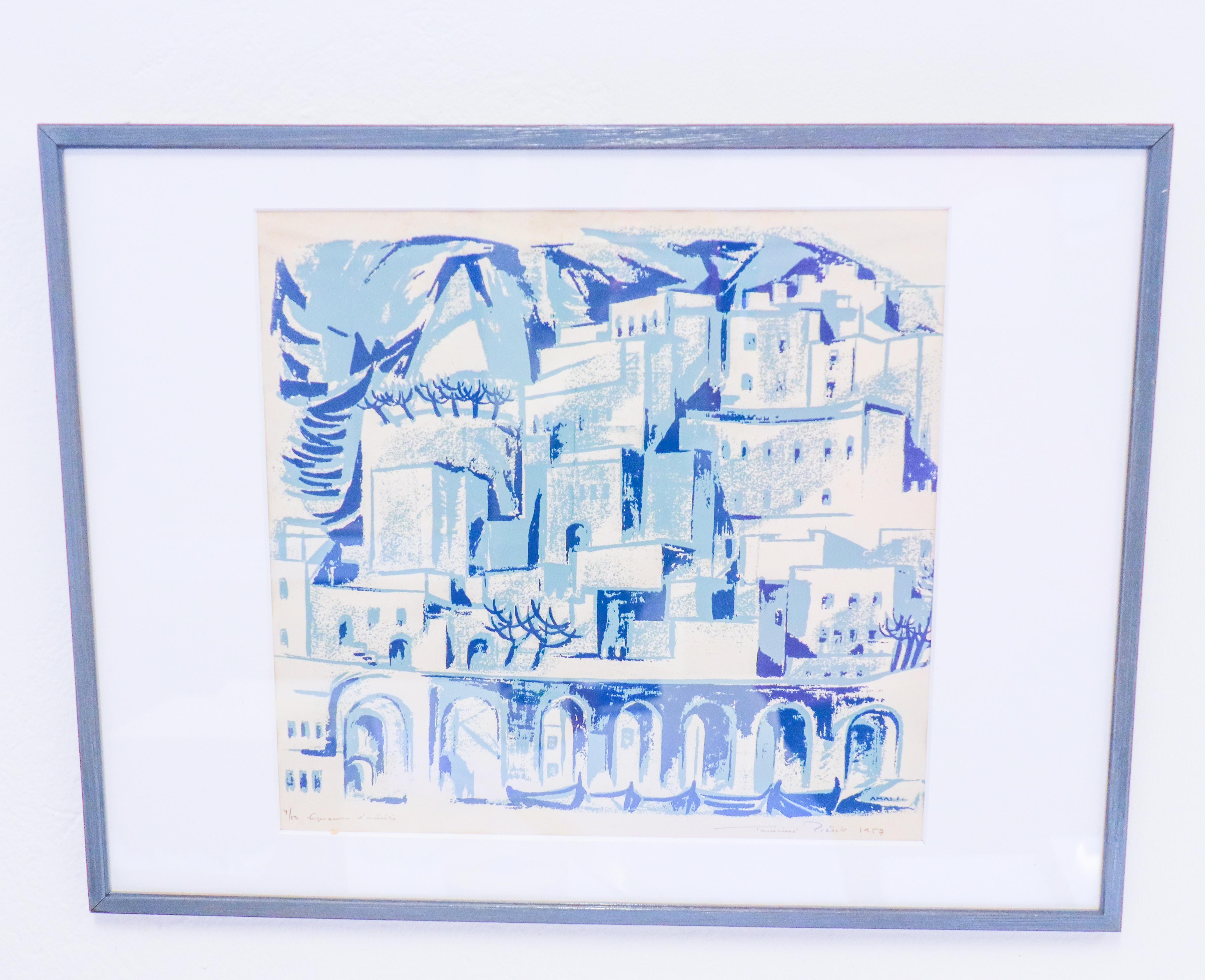 A lithograph by the Finnish artist Tuulikki Pietilä. This is a view from the Amalfi-coast, this is number 4 in an edition of 12. It is 48 x 36 cm (framed), 30 x 26 cm (picture). It is in very good condition except from that the paper is slightly