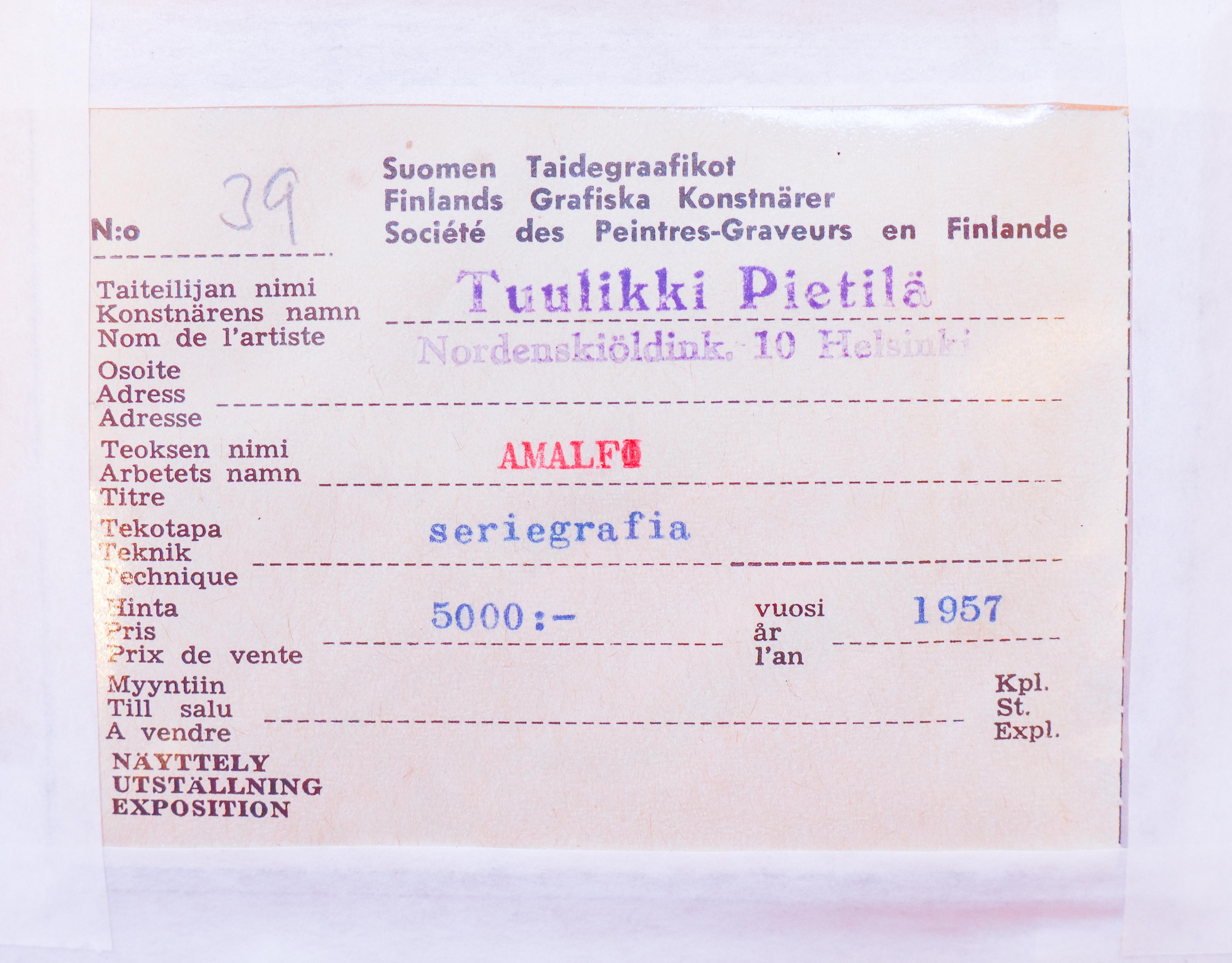 Tuulikki Pietil, Lithographie 4/12, Amalfi 1957 im Zustand „Gut“ im Angebot in Stockholm, SE