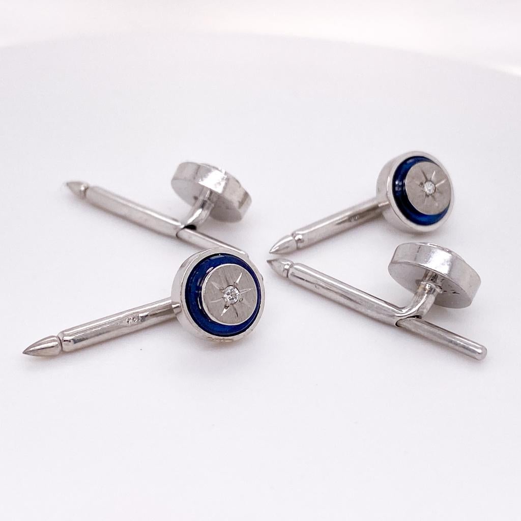 These 14K white gold satin finish shirt studs are stylish and modern! With a clean, hand-brushed finish on a circle-shaped stud set and a dark navy blue enamel, this men's tuxedo shirt stud set is versatile and go with any formal wear! The north