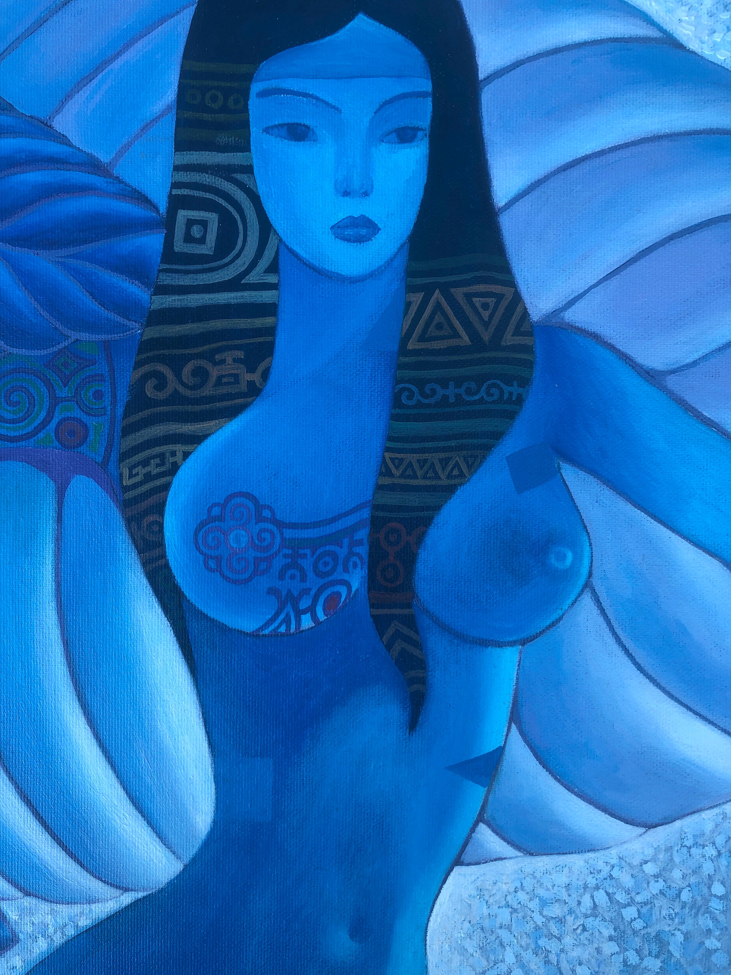 Nude goddess oil on canvas painting - Blue Nude Painting by Tuya Natsagdorj