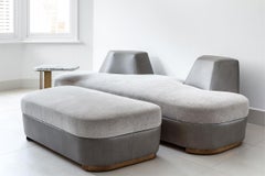 Tuya Ottoman, Contemporary Footstool, Holly Hunt Fabric and Bronze Patina Feet