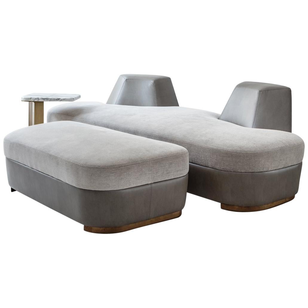 Tuya Ottoman, Contemporary Footstool, Holly Hunt Fabric and Bronze Patina Feet For Sale
