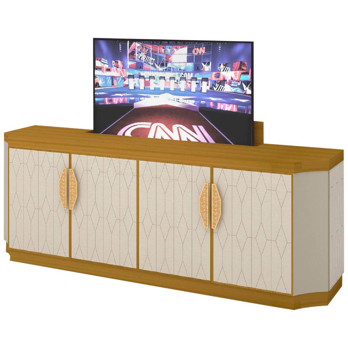 Mueble TV Estructura Acabado Pintura Decapada Tejido Acolchado Espejo Ahumado Led Ins