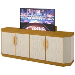Mueble TV Estructura Acabado Pintura Decapada Tejido Acolchado Espejo Ahumado Led Ins
