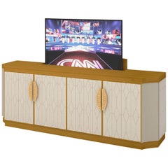 Meuble de rangement TV Structure Finition peinte vieillie Tissu matelassé Miroir fumée Led Ins