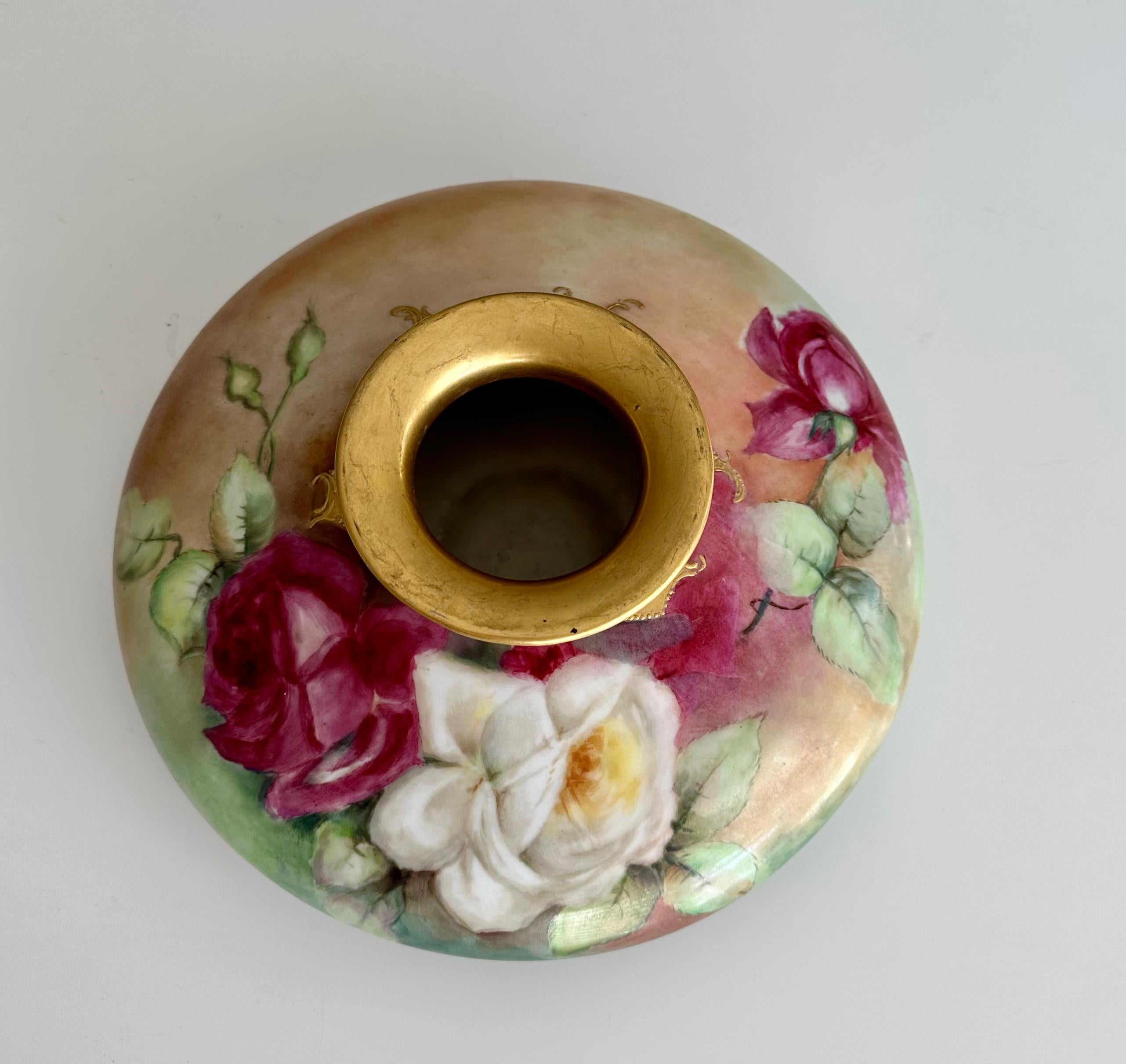 T&V Limoges Hand Painted Roses Squat Vase For Sale 4