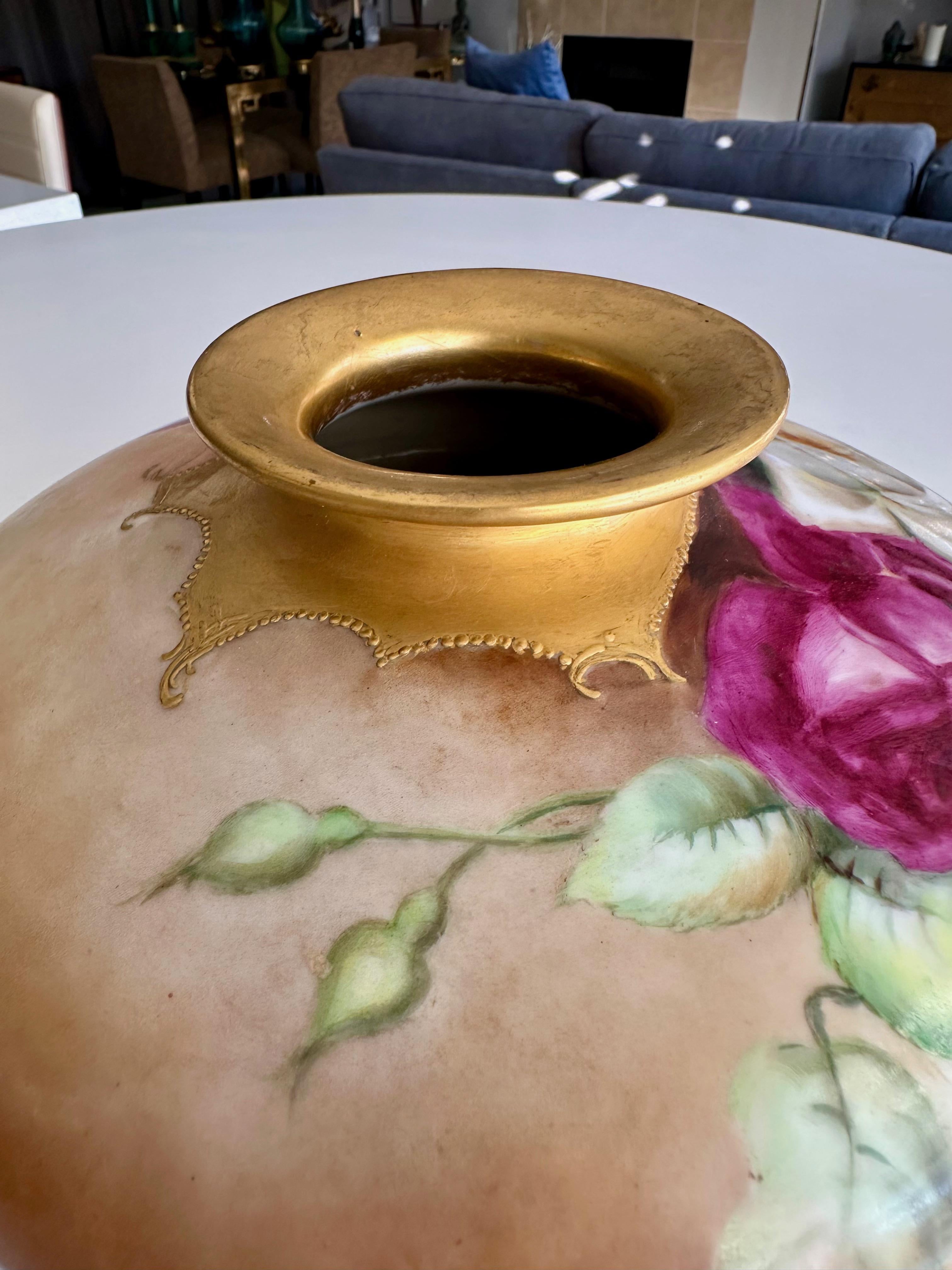 T&V Limoges Hand Painted Roses Squat Vase For Sale 5