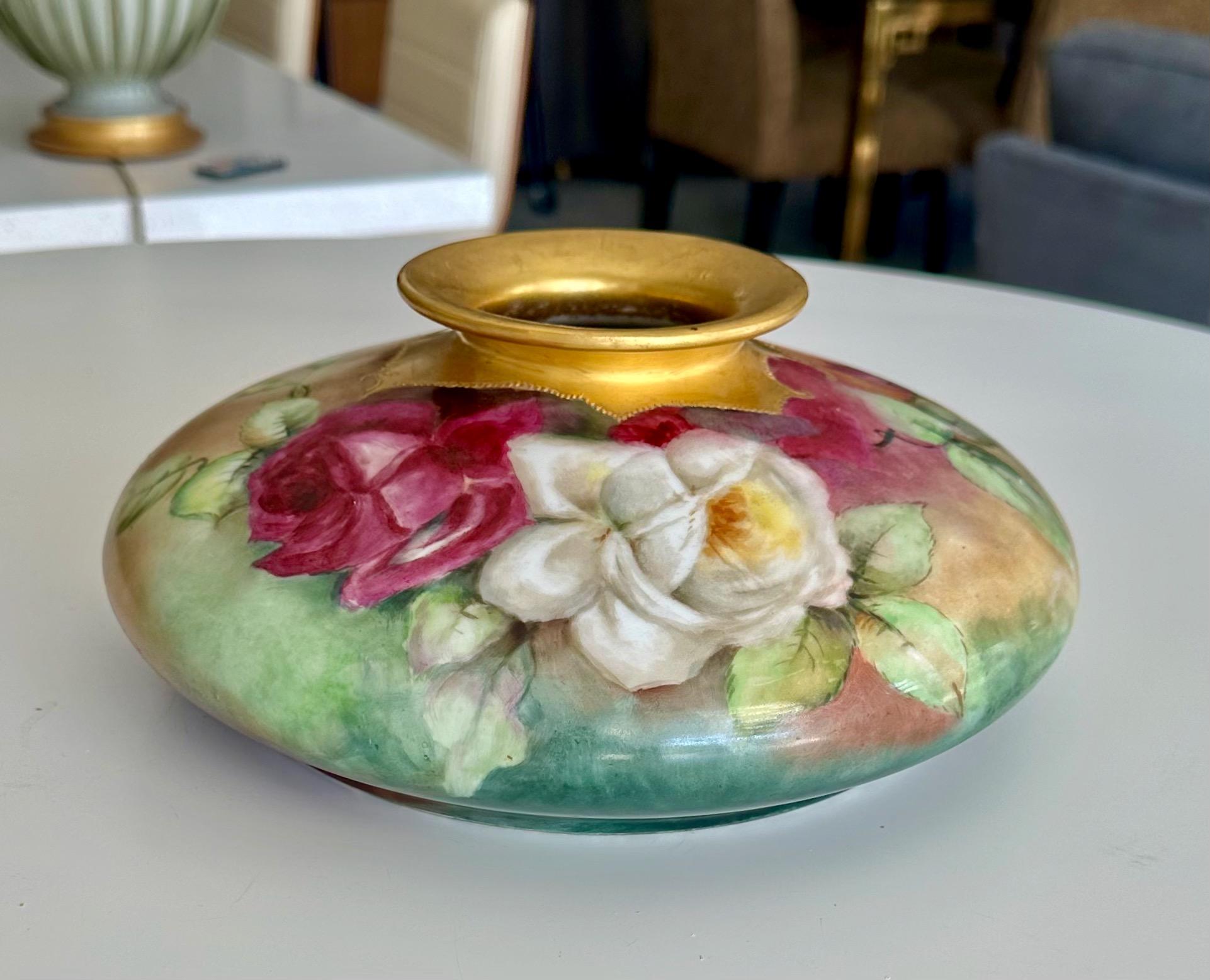 T&V Limoges Hand Painted Roses Squat Vase For Sale 12