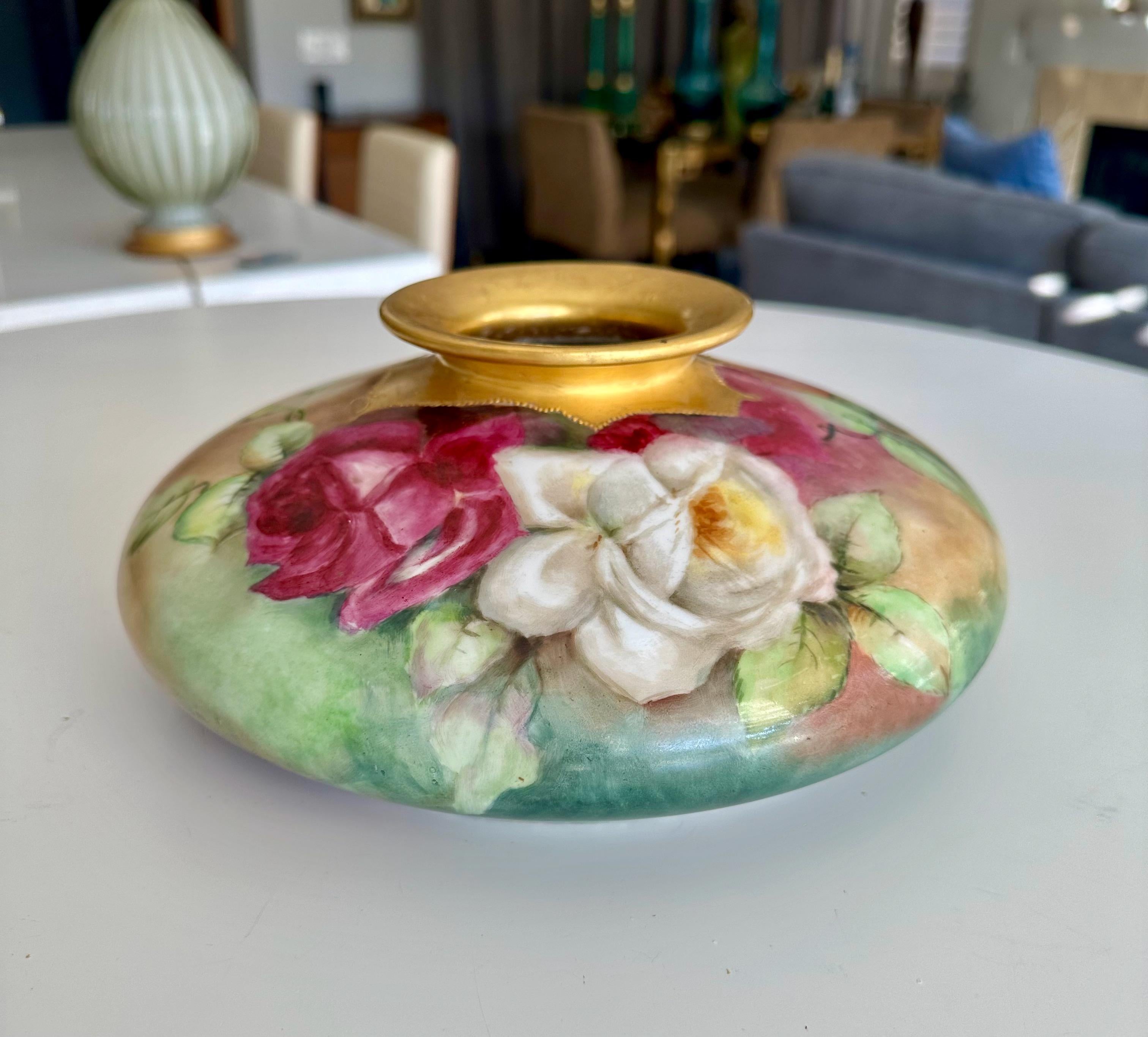 French T&V Limoges Hand Painted Roses Squat Vase For Sale