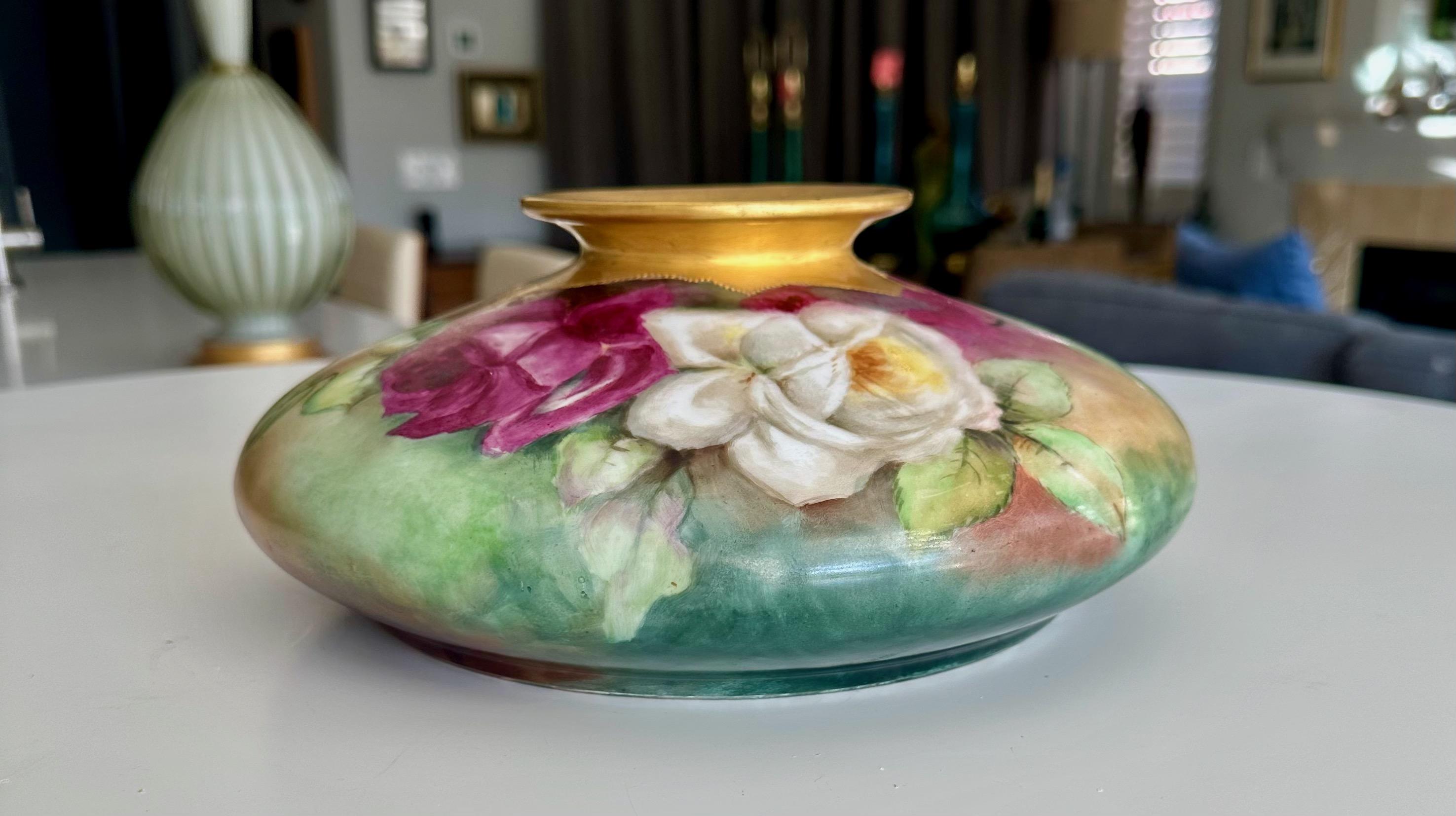 20th Century T&V Limoges Hand Painted Roses Squat Vase For Sale