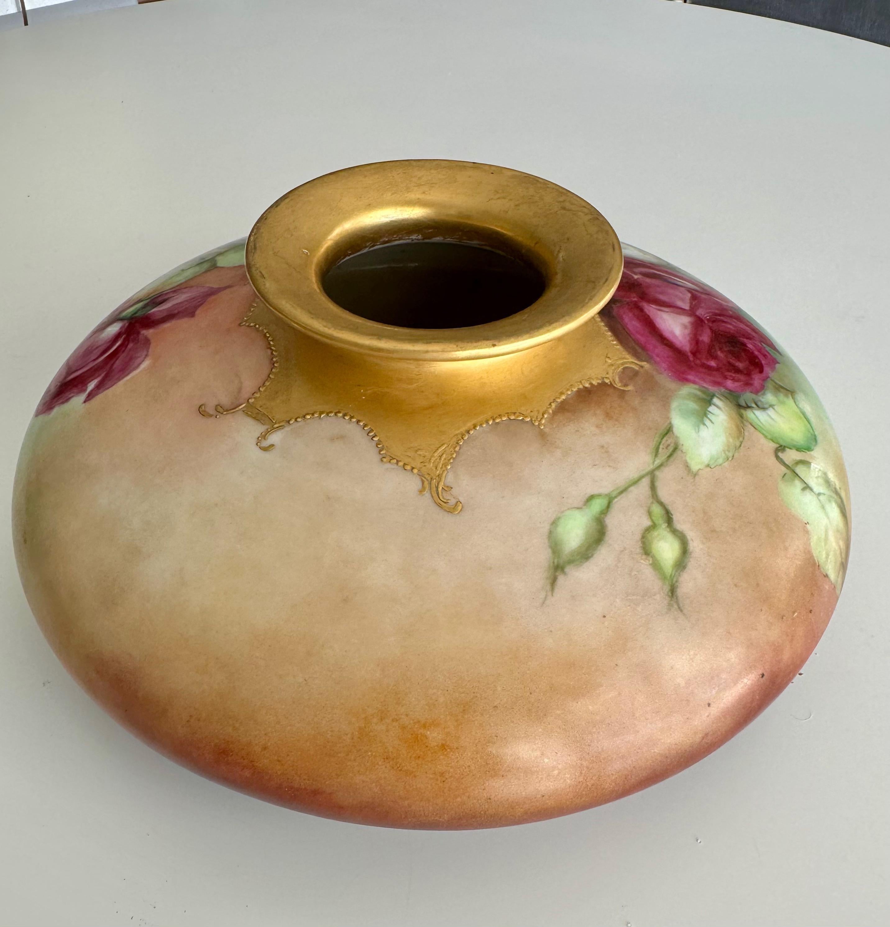 T&V Limoges Hand Painted Roses Squat Vase For Sale 1
