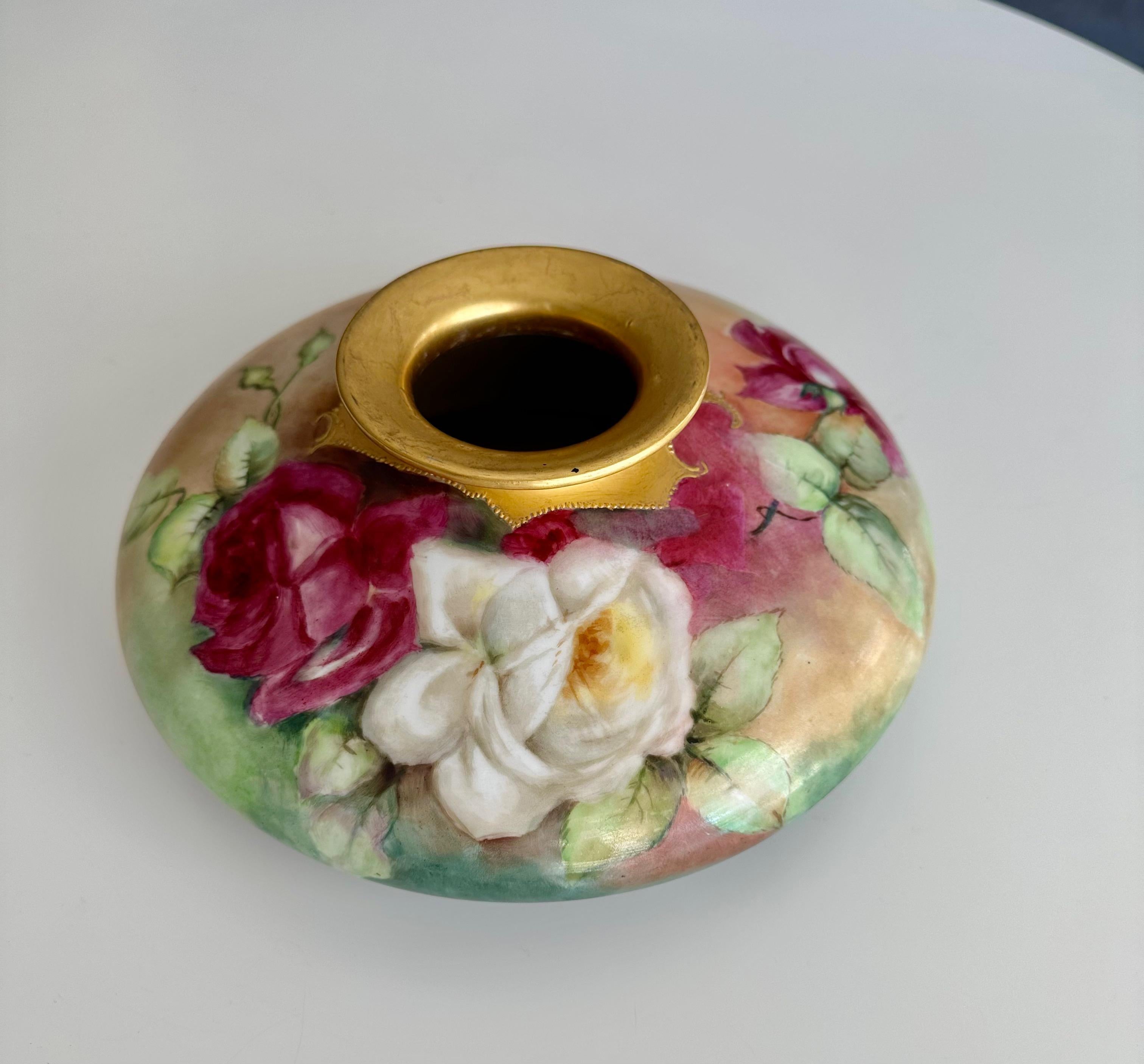 T&V Limoges Hand Painted Roses Squat Vase For Sale 3