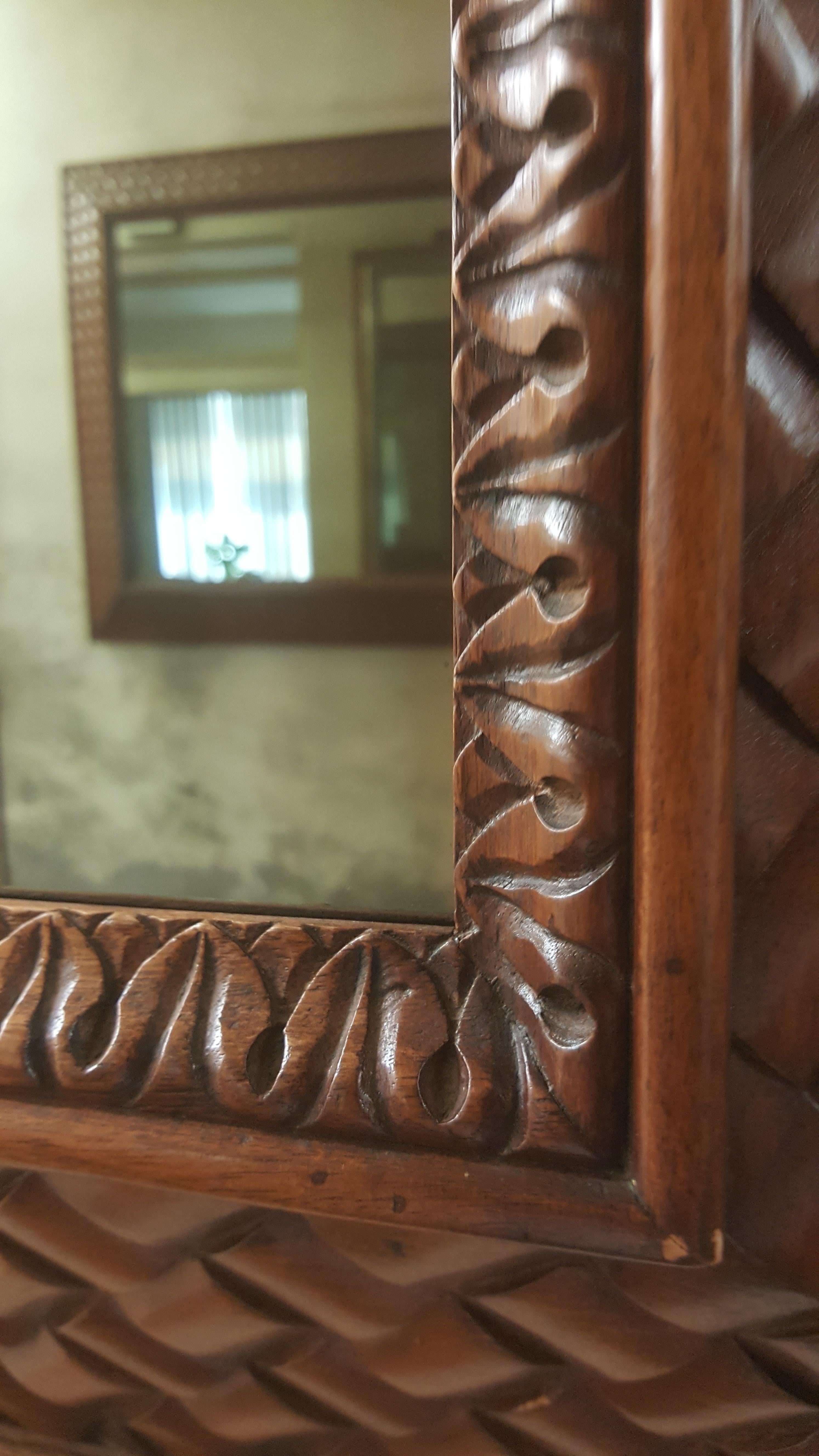 Mid-Century Modern TV Mirror Hand Carved Woven Frame For Sale