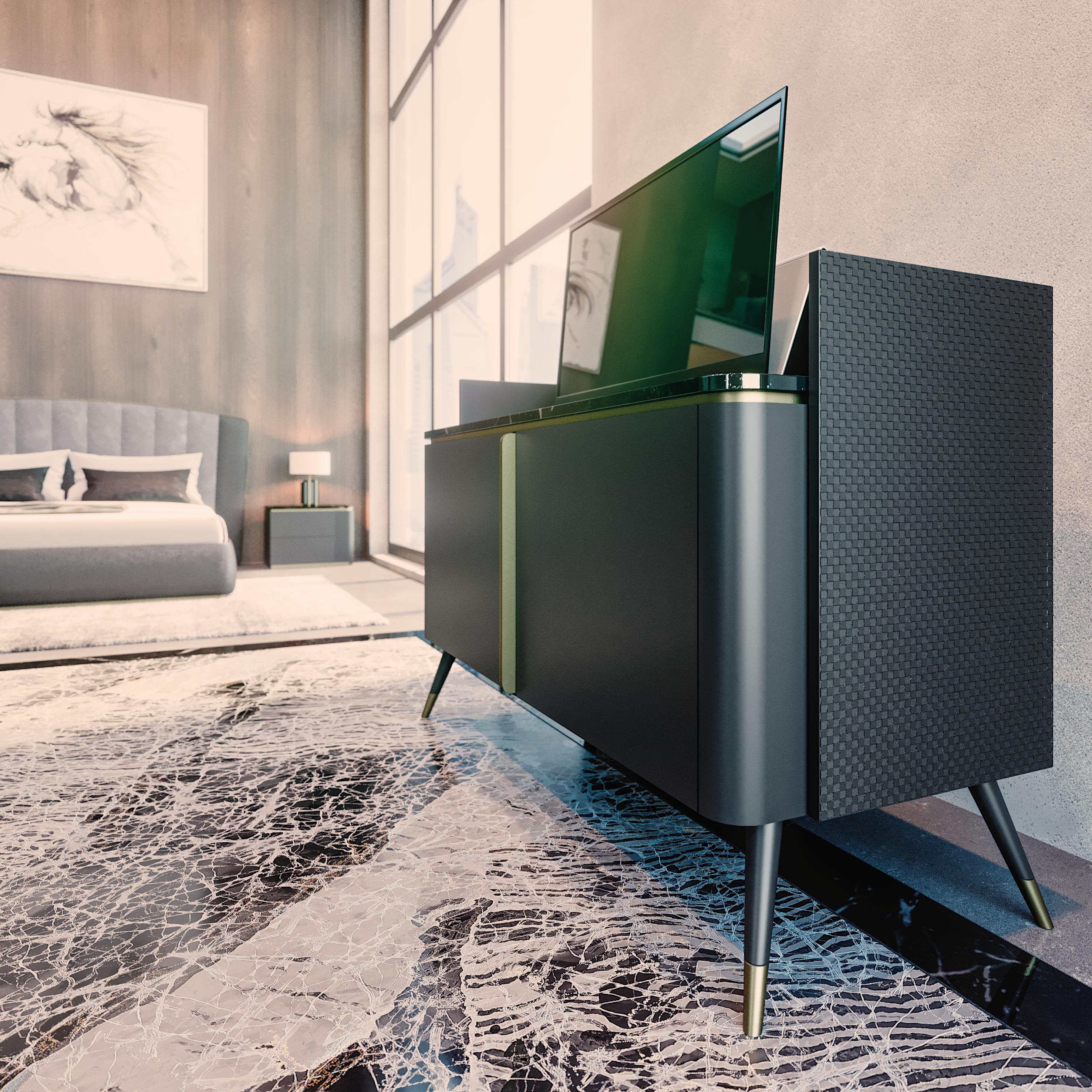 Modern Contemporary Sideaboard Black Lacquering Black Crossed Leather Marble Top For Sale