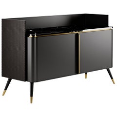 Contemporary Sideaboard Black Lacquering Black Crossed Leather Marble Top