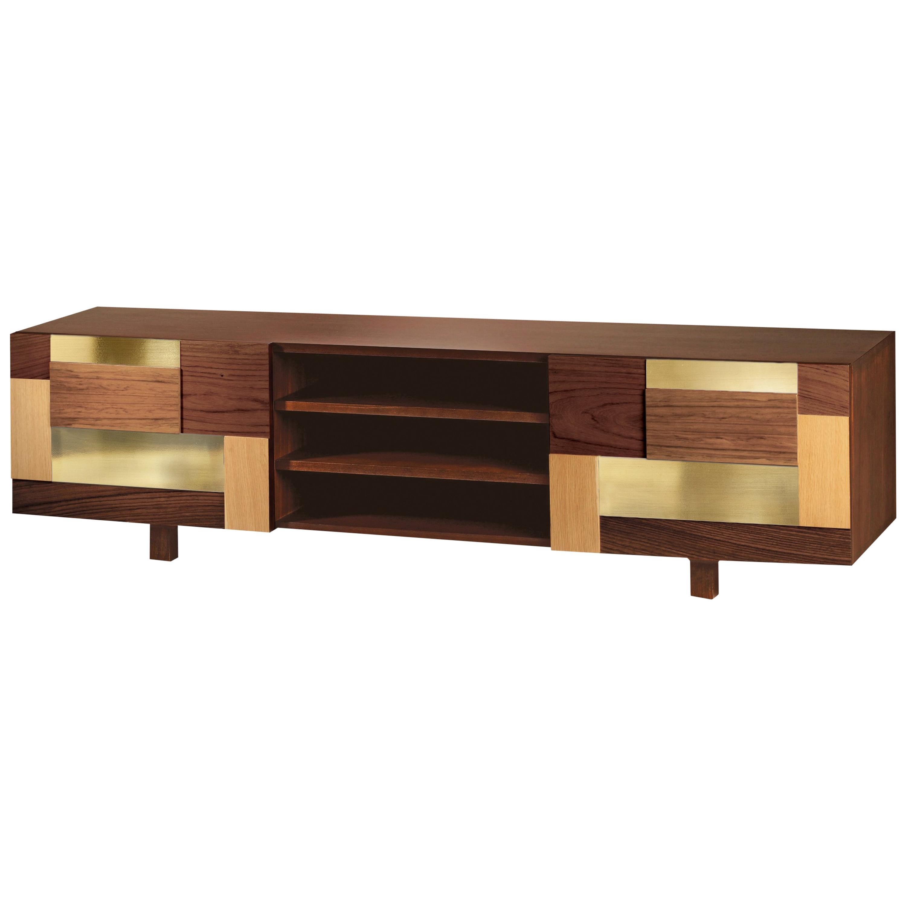 Tv Stand Form in Natural Walnut Wood and Polished Brass Details For Sale