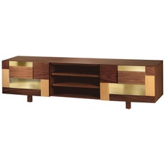 Tv Stand Form in Natural Walnut Wood and Polished Brass Details