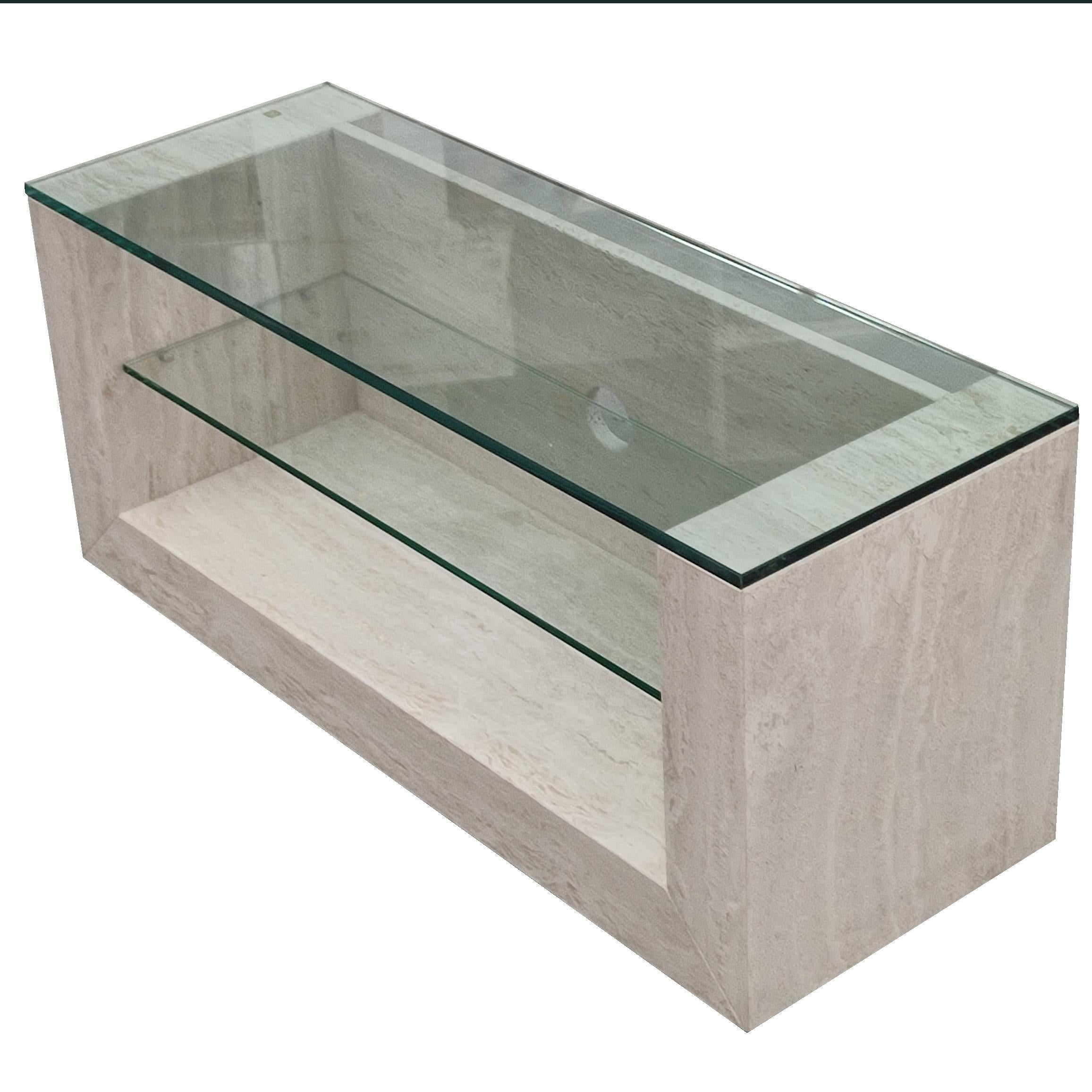 TV TABLE Travertine Marble & Crystals Wheels Contemporary Made in Spain In Stock
Travertine marble television table with a matte finish and two glass panels to support different video or audio electronic devices. The table has casters for more