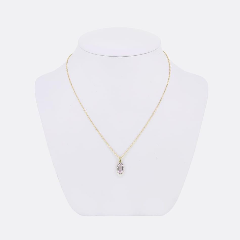 This is a beautiful pendant necklace. The pendant features a Georgian style cut down setting with an oval cut pink topaz which has been crafted in 18ct yellow gold and silver, suspended on a 16 inch chain.

This collection is inspired by Victorian
