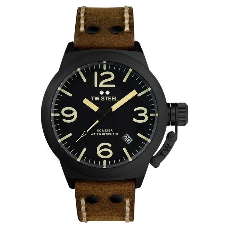 TW Steel 45mm Black Dial PVD Black Plated Brown Leather Strap Watch CS103 For Sale