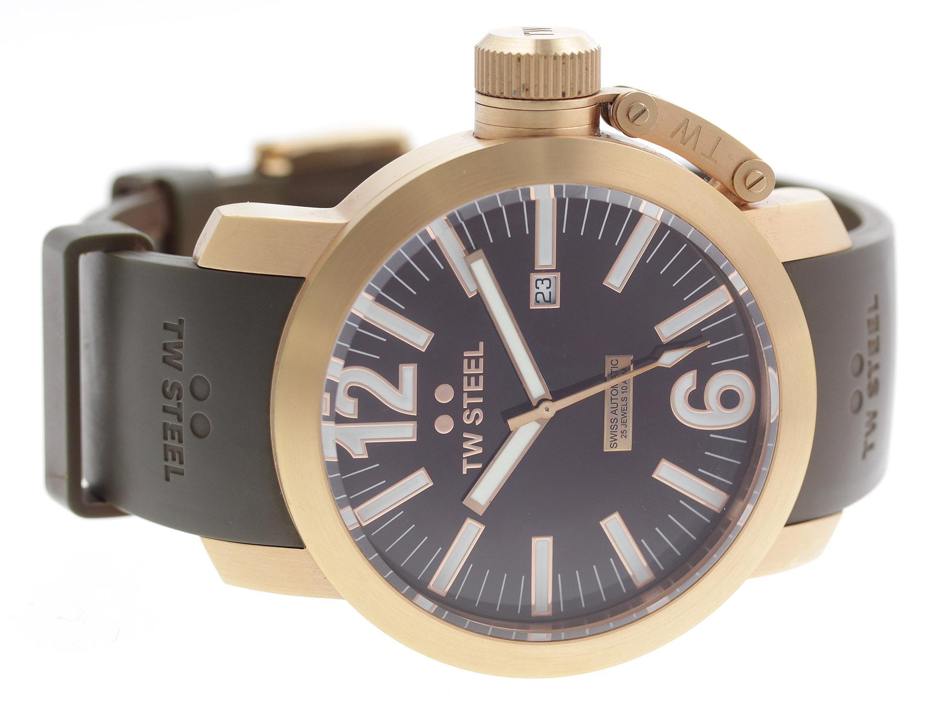 Rose gold PVD stainless steel case, on brown rubber strap TW Steel Canteen TW97 men’s watch with brown dial.

Watch	
Brand:	TW Steel
Series:	Canteen
Model #:	TW97
Gender:	Men’s
Condition:	Excellent Condition Pre-owned
Box/Papers:	Gift Box, 2-year