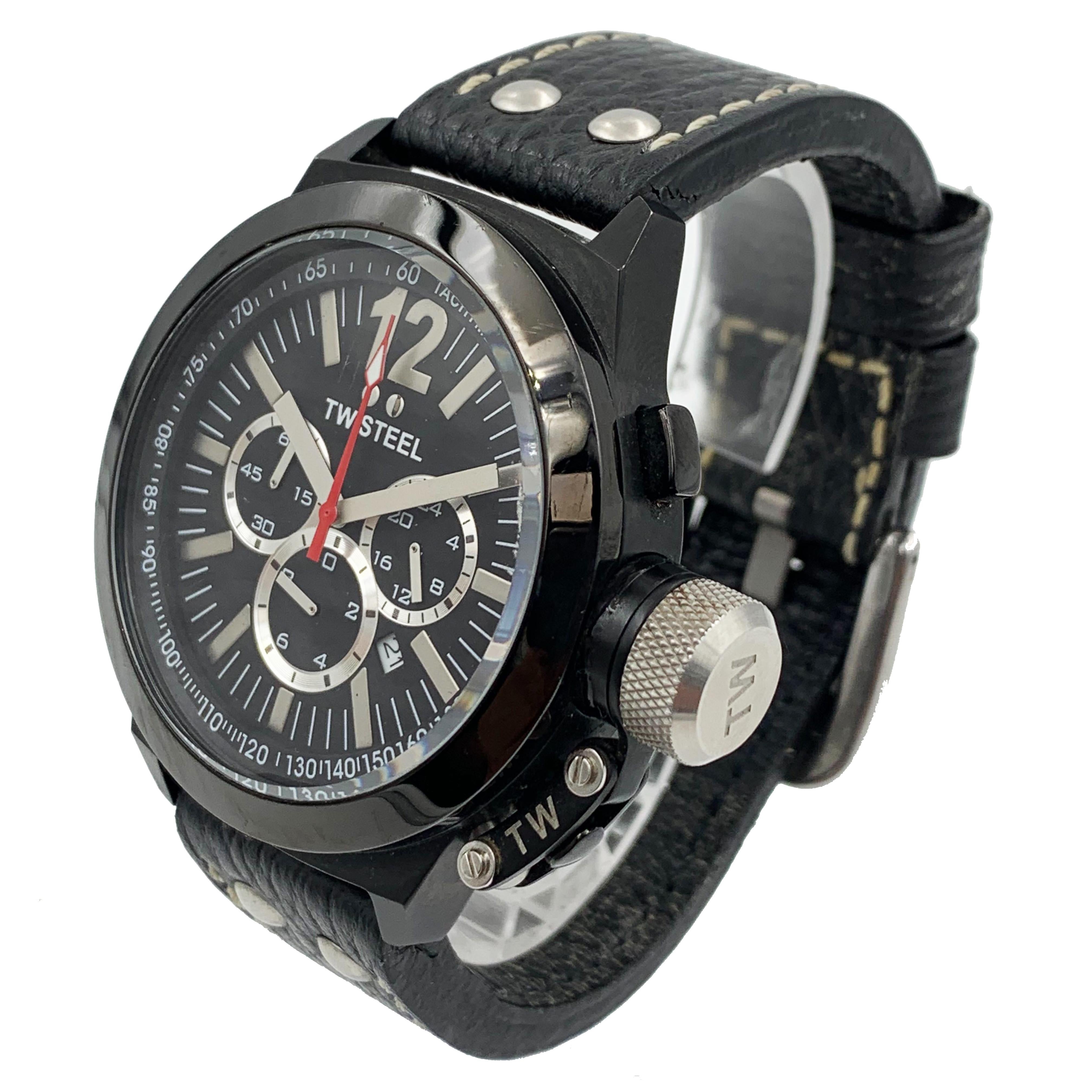 This is pre owned Watch.
Watch have visible signs of wear..
Minor Scratches on case and on bezel.
Leather Band have visible signs of use as visible in pictures.  
Quartz movement
Black chronograph dial
Black coated steel case black leather