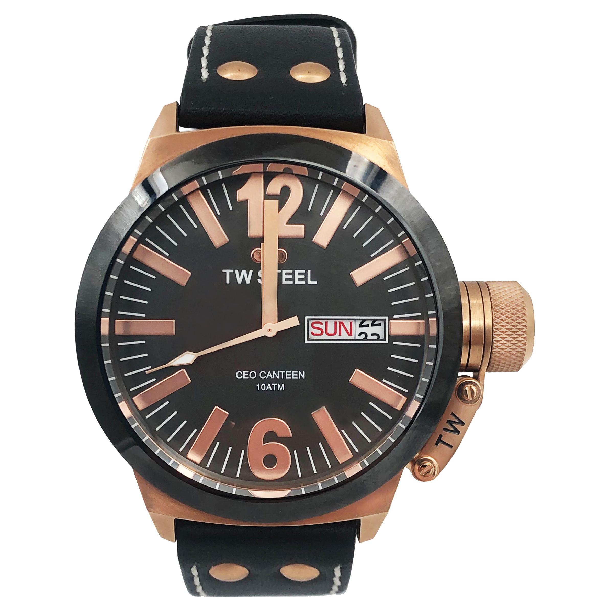 TW Steel Gold-Plated Day Date Black Dial Leather Quartz Men
s Watch CE1039