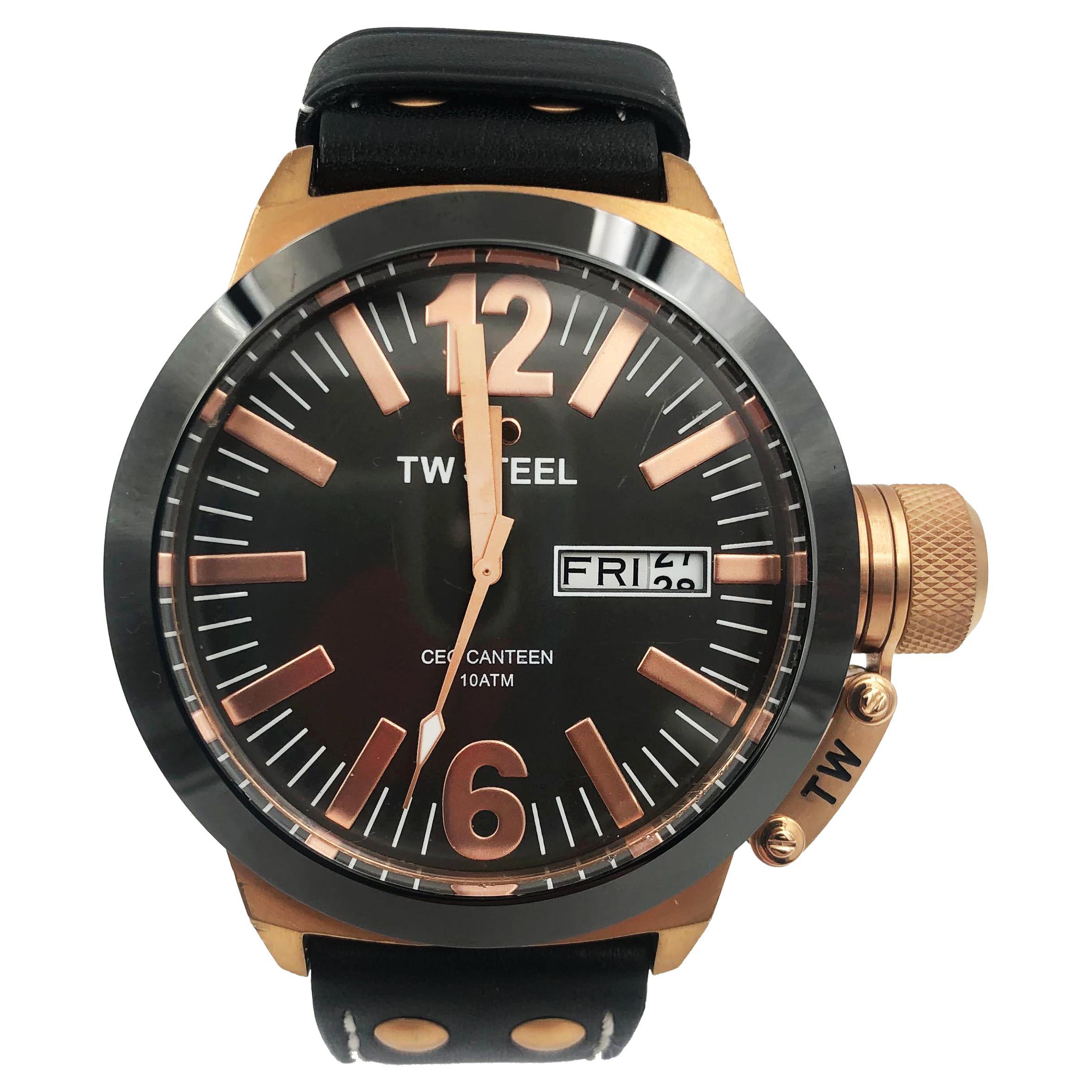TW Steel Gold Plated Leather Black Dial Day Date Quartz Mens Watch CE1039