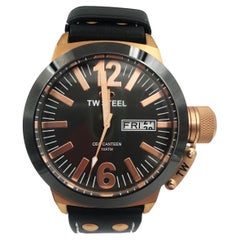 Used TW Steel Gold Plated Leather Black Dial Day Date Quartz Mens Watch CE1039