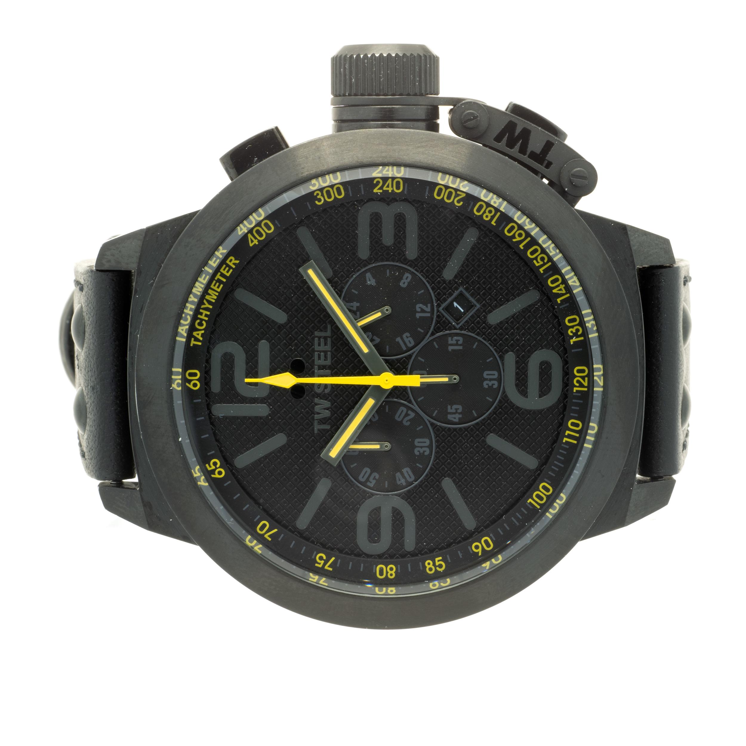 Movement: quartz
Function: hours, minutes, seconds, date, Chrono
Case: 50mm Black PVD Stainless Steel
Bracelet: black calfskin leather strap with buckle 
Dial: black Chrono dial, yellow second, and Chrono hands
Reference #: TW901R
 


Complete with